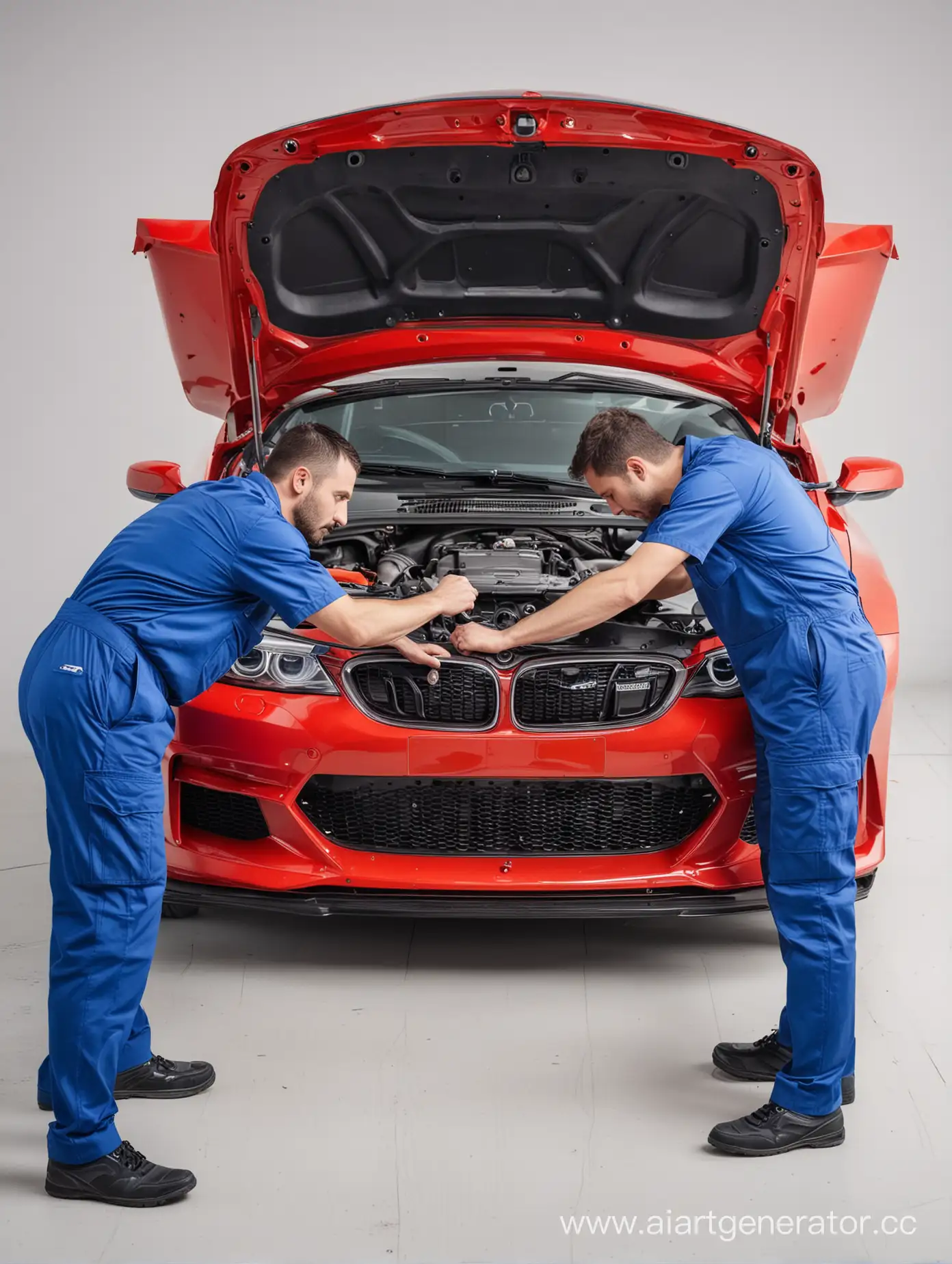 Expert-Mechanic-Repairing-Red-BMW-Car-on-Clean-White-Background