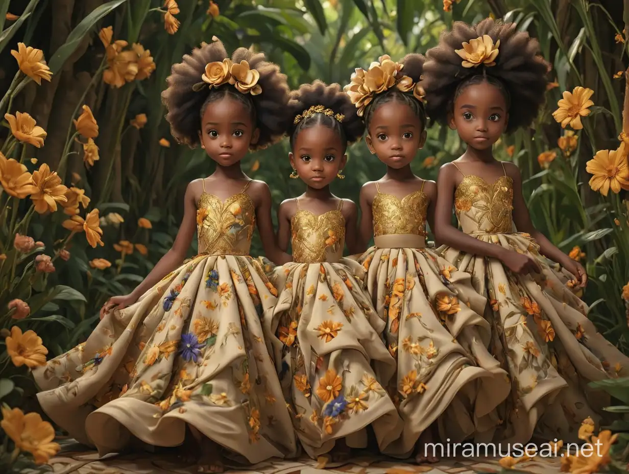Three cute little African girls playing together, draped in a breathtakingly intricate gown fashioned from meticulously pressed flowers with African fabric,  3D, captures the essence of haute couture with a touch of nature, glistening with soft natural volumetric cinematic light, chiaroscuro technique enhancing the delicate textures, framed as an award-winning photorealistic concept art piece, ultra fine octane render, 8K artistic photography, gilded