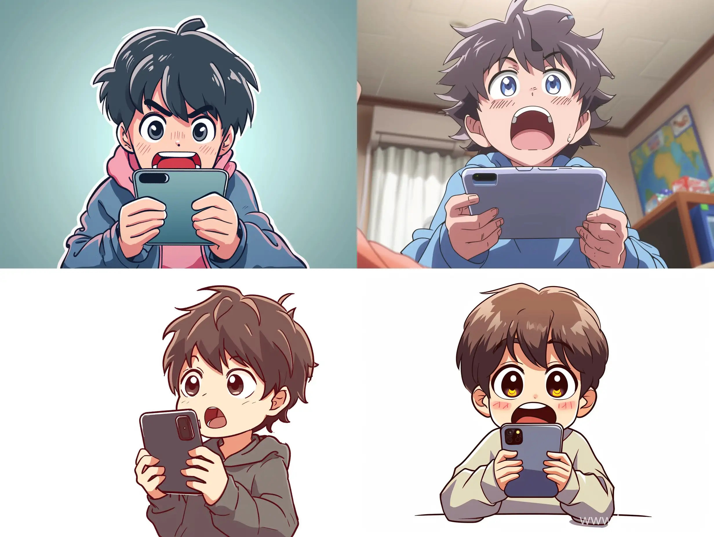 anime style, slightly chibi style, a boy hold a phone horizontally in order to play game, very excited expression, best quality, wide shot  --ar 4:3 
