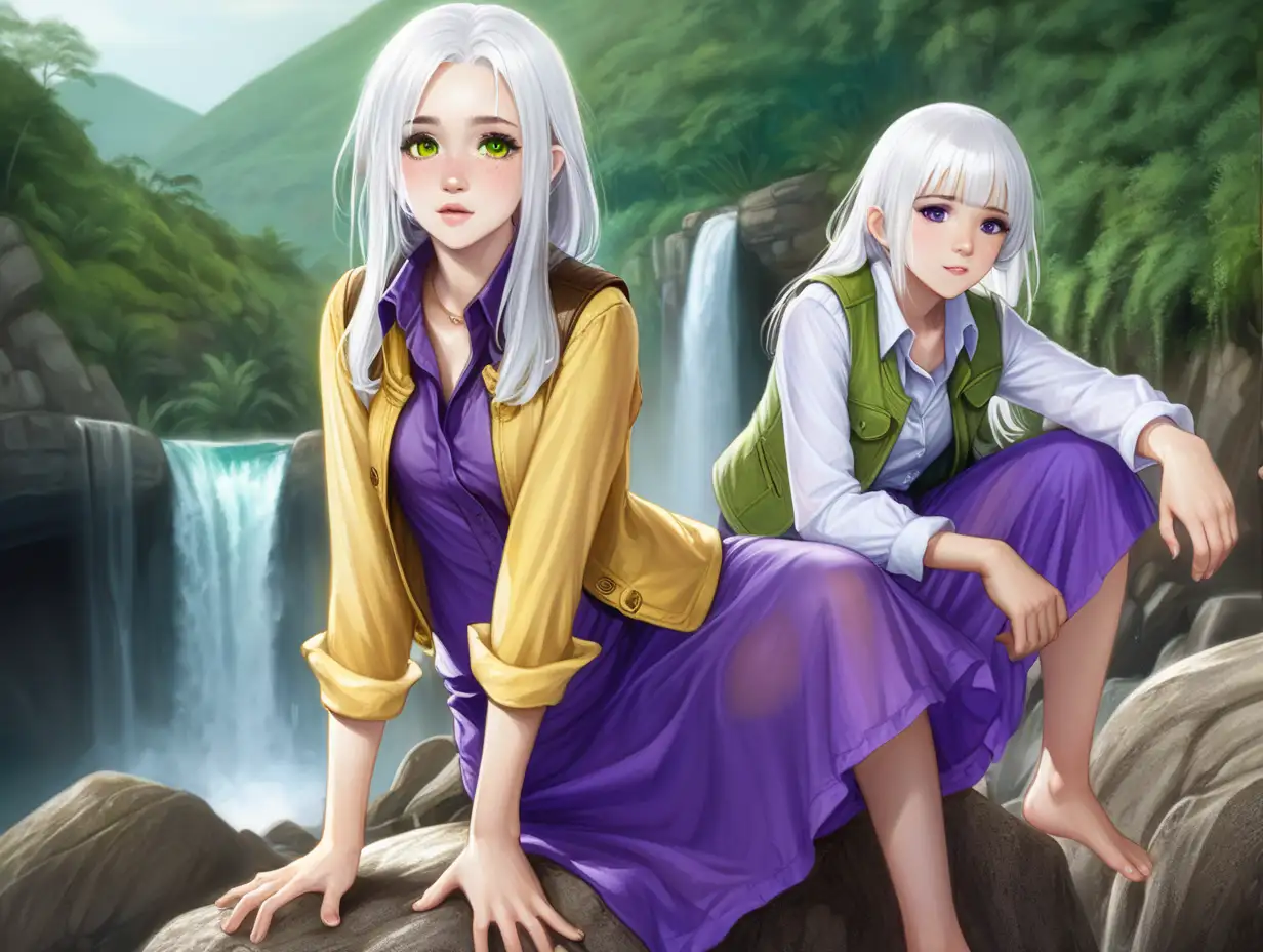 young adult woman, white skin, green eyes. shoulder length white hair,long sleeve formal yellow shirt, short purple skirt and vest, wet, barefoot, no extra limbs, open mouth,sitting on a rock by waterfall by the beach
