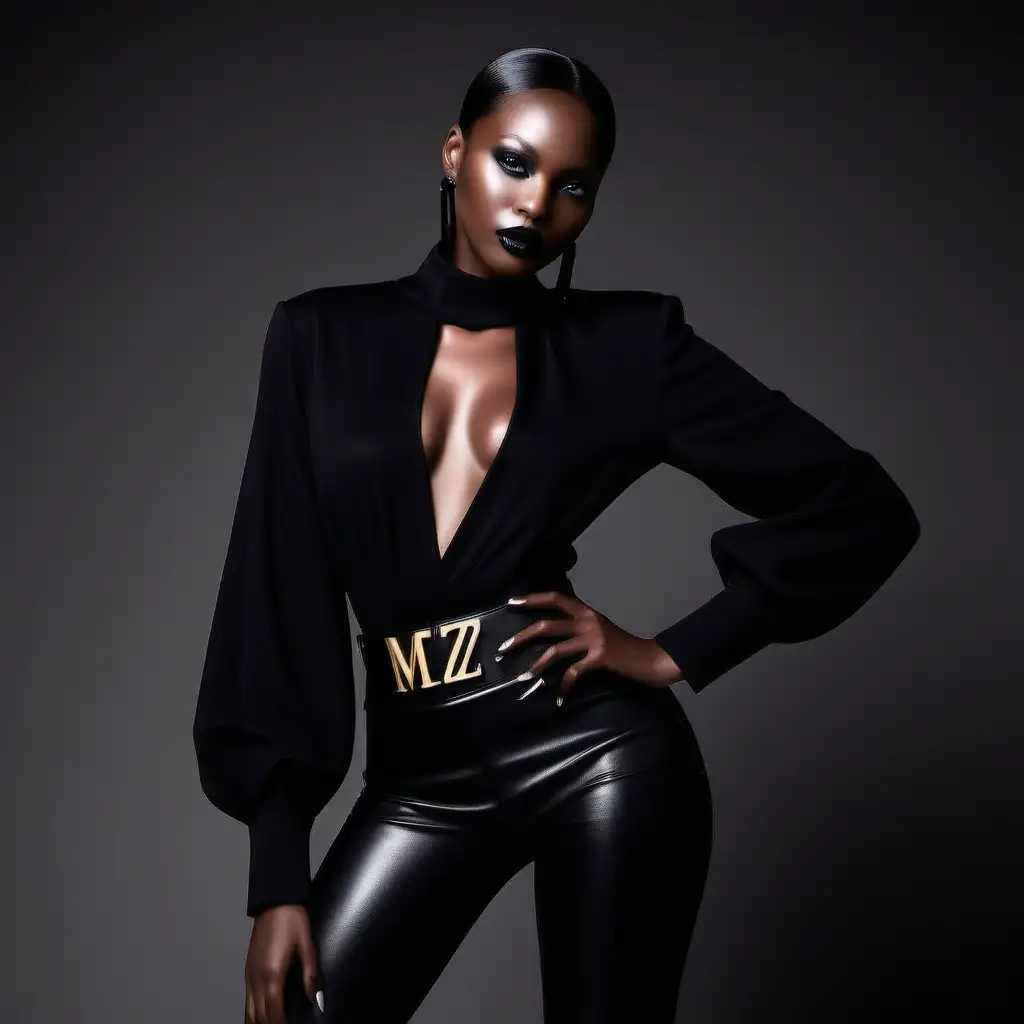 Elegance Personified MZ Brand Black Model in a Luxurious Fashion Setting