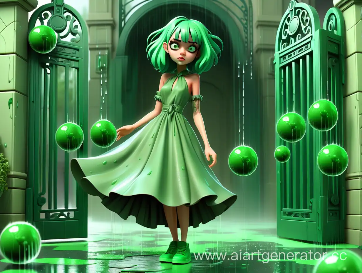 На зелёном фоне  девочка  с зелеными волосами зелёным платьем и зелеными туфлями стоит под воротами а на неё льётся зелёный дождь с зелёными изумрудными  шарами  которые лежат на полу 3д анимация