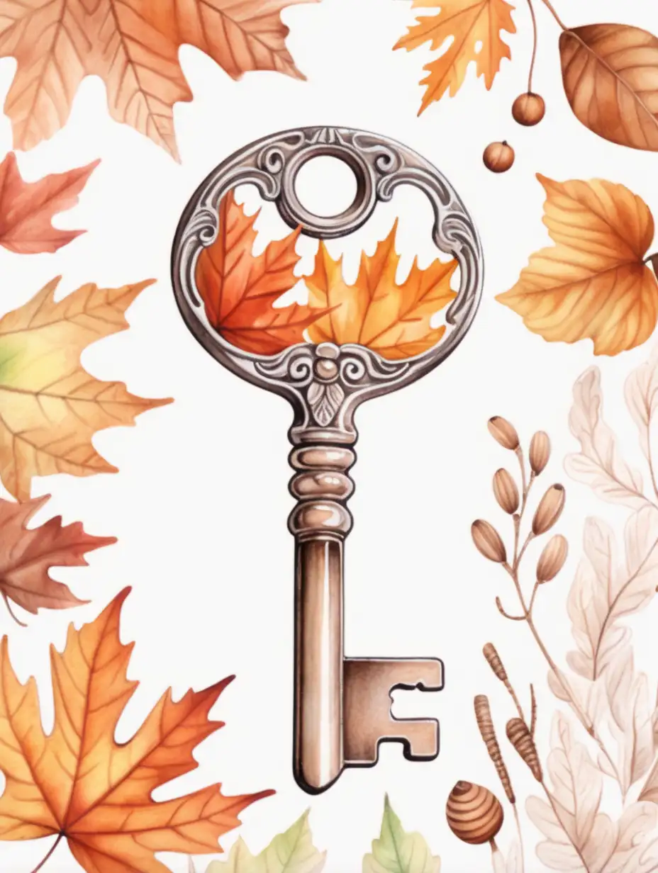 white background, samolepka podzimního klíče, jemné obrysy, podzimní ilustrace v akvarel stylu
