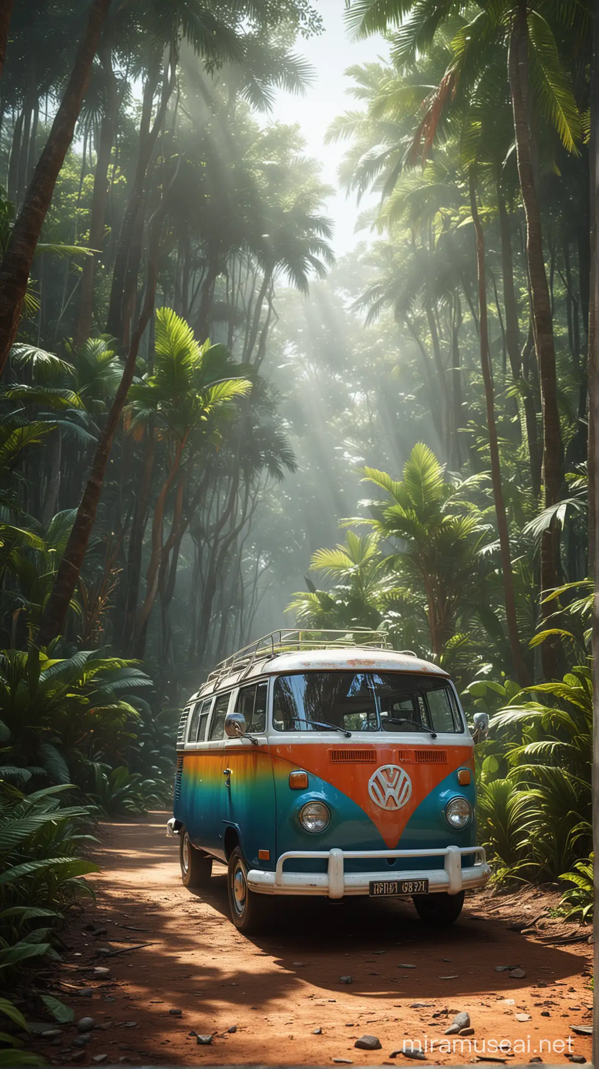uma kombi colorida em uma floresta tropical, raytracing, realistico, iluminação dinamica, glow, pro mist

