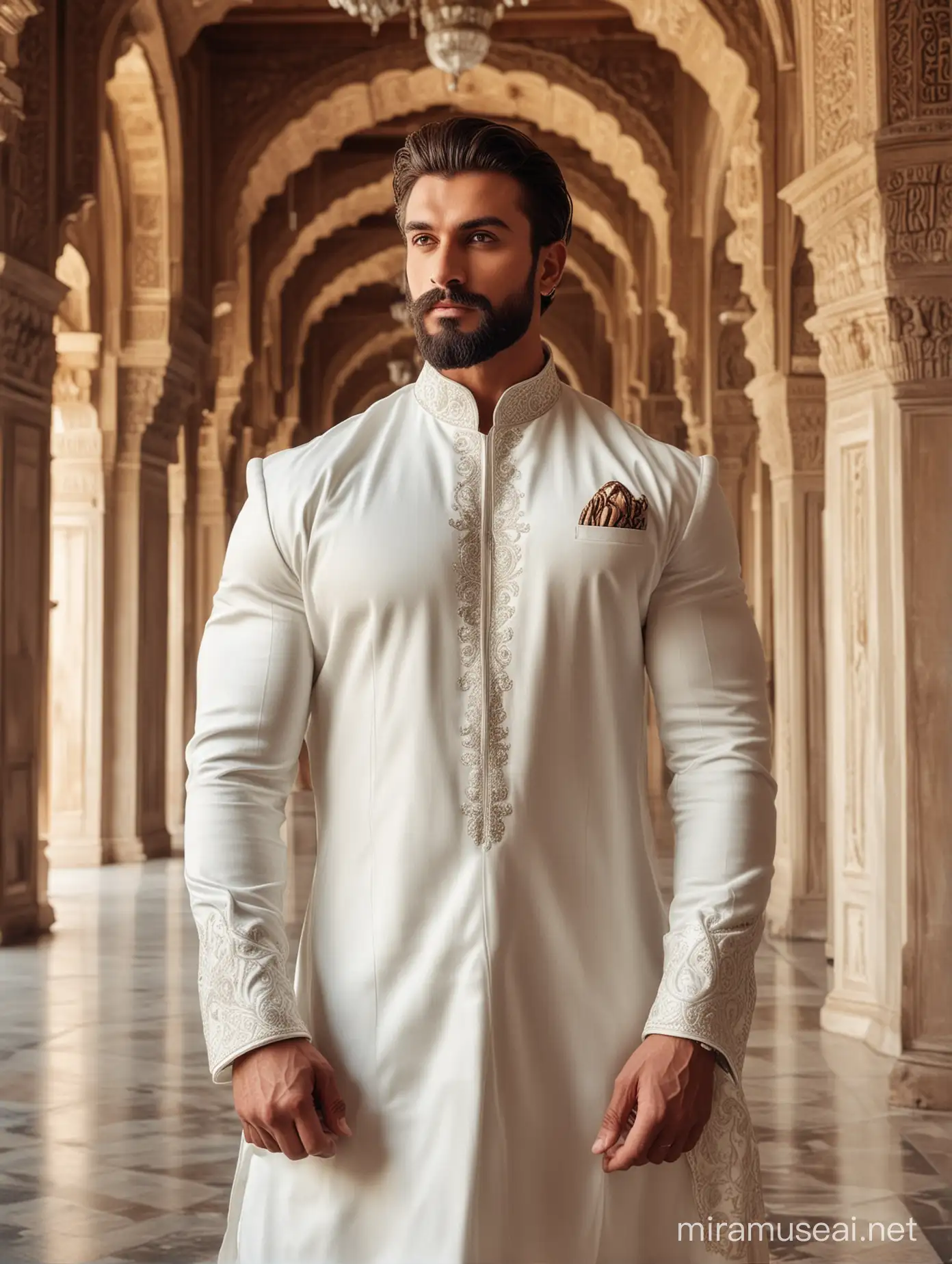 Tall and handsome bodybuilder men with beautiful hairstyle and beard with attractive eyes and Big wide shoulder and chest in white sherwani standing inside palace 