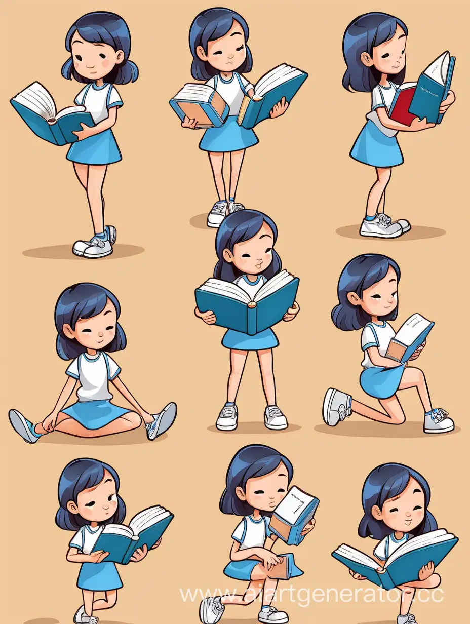 carton girl with book, девочка с книгами в мультяшном стиле в разных позах