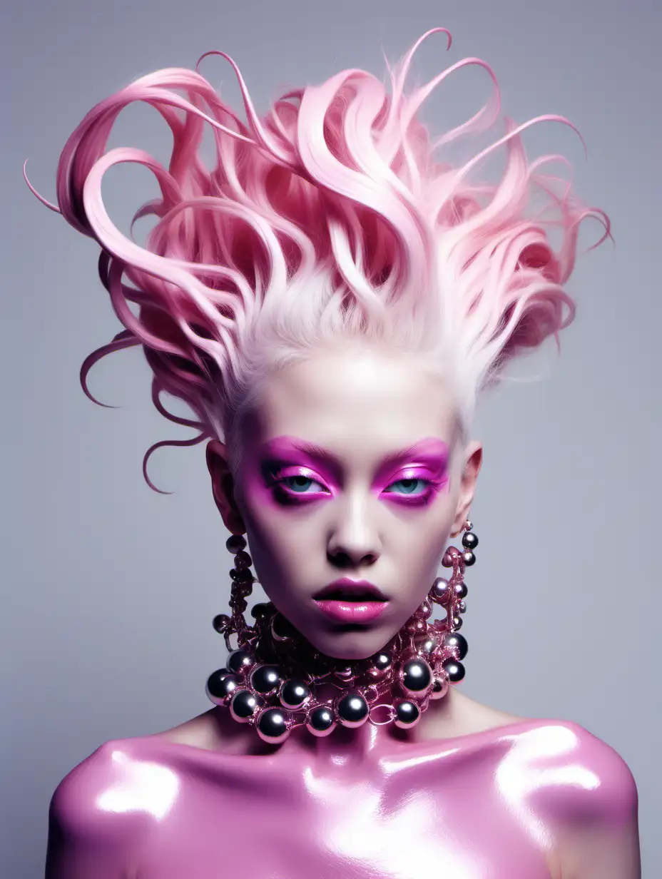 AvantGarde Hair Monster Polished PinkHued Water Hair with Metallic Pink PVC Attire and Chunky Jewelry