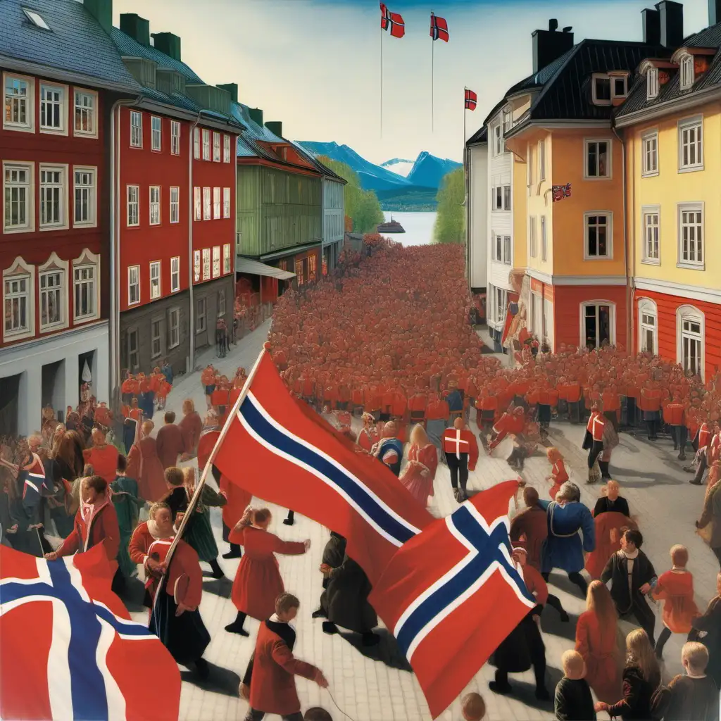 17th of May Celebration in Norway Parade with Norwegian Flags