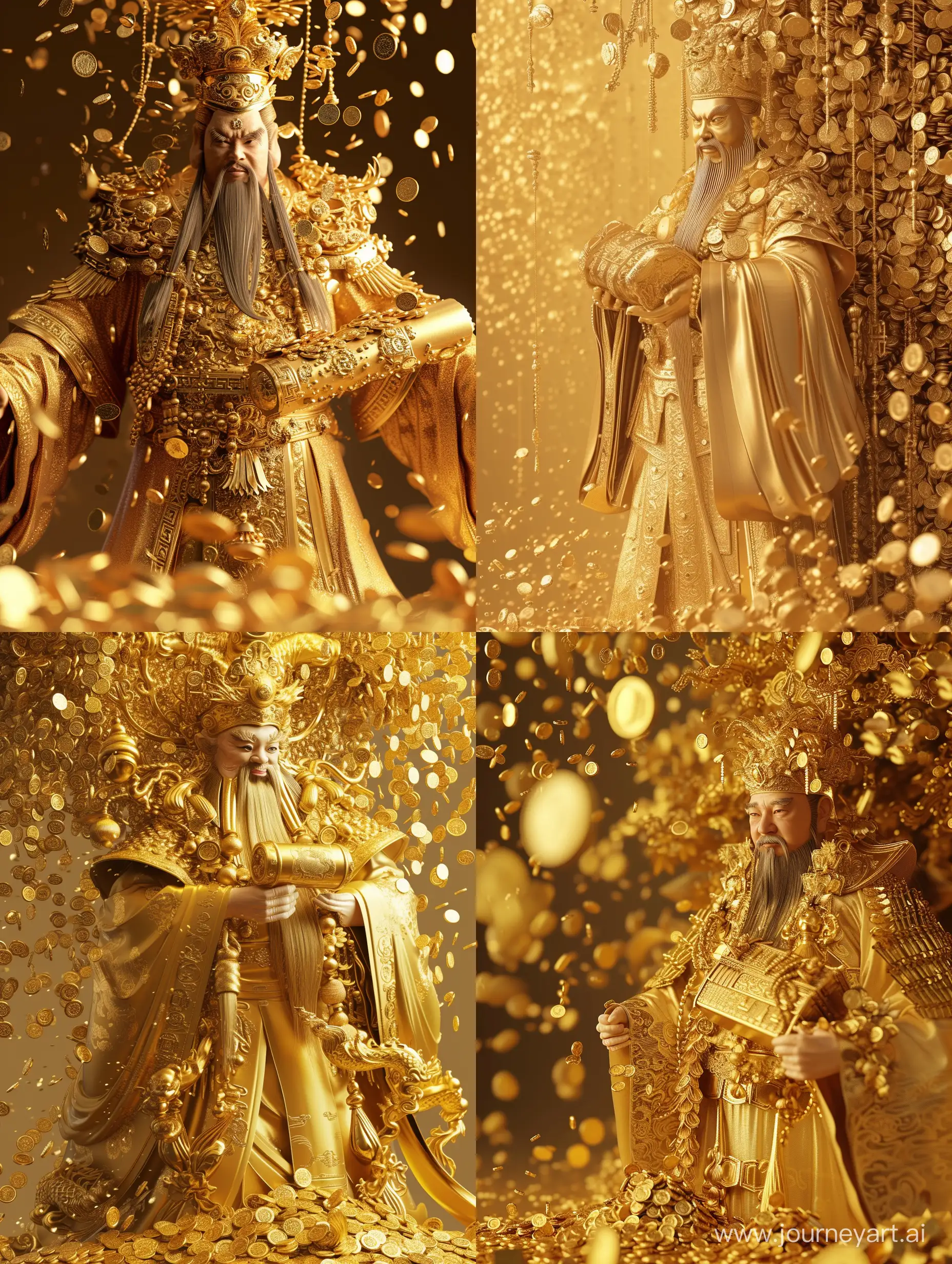  Chinese God of Wealth 3D Image,A deity adorned in golden attire, exuding an aura of prosperity.,Golden clothing and accessories, prominently displaying a gold ingot in his embrace.,A shower of gold coins cascading from above, with scattered coins at his feet, symbolizing wealth and abundance.,Highly detailed, with meticulous attention to the textures and reflections on the metallic surfaces.
Artist Name: Nelson Wu,Predominantly gold tones, accented by warm, rich hues that enhance the opulence of the scene.,Top-tier, featuring exquisite detailing and masterful use of light to create a stunning visual spectacle.,Close-up shot to capture the intricate details, with a slight tilt down to emphasize the grandeur of the god of wealth and the profusion of wealth beneath him.
