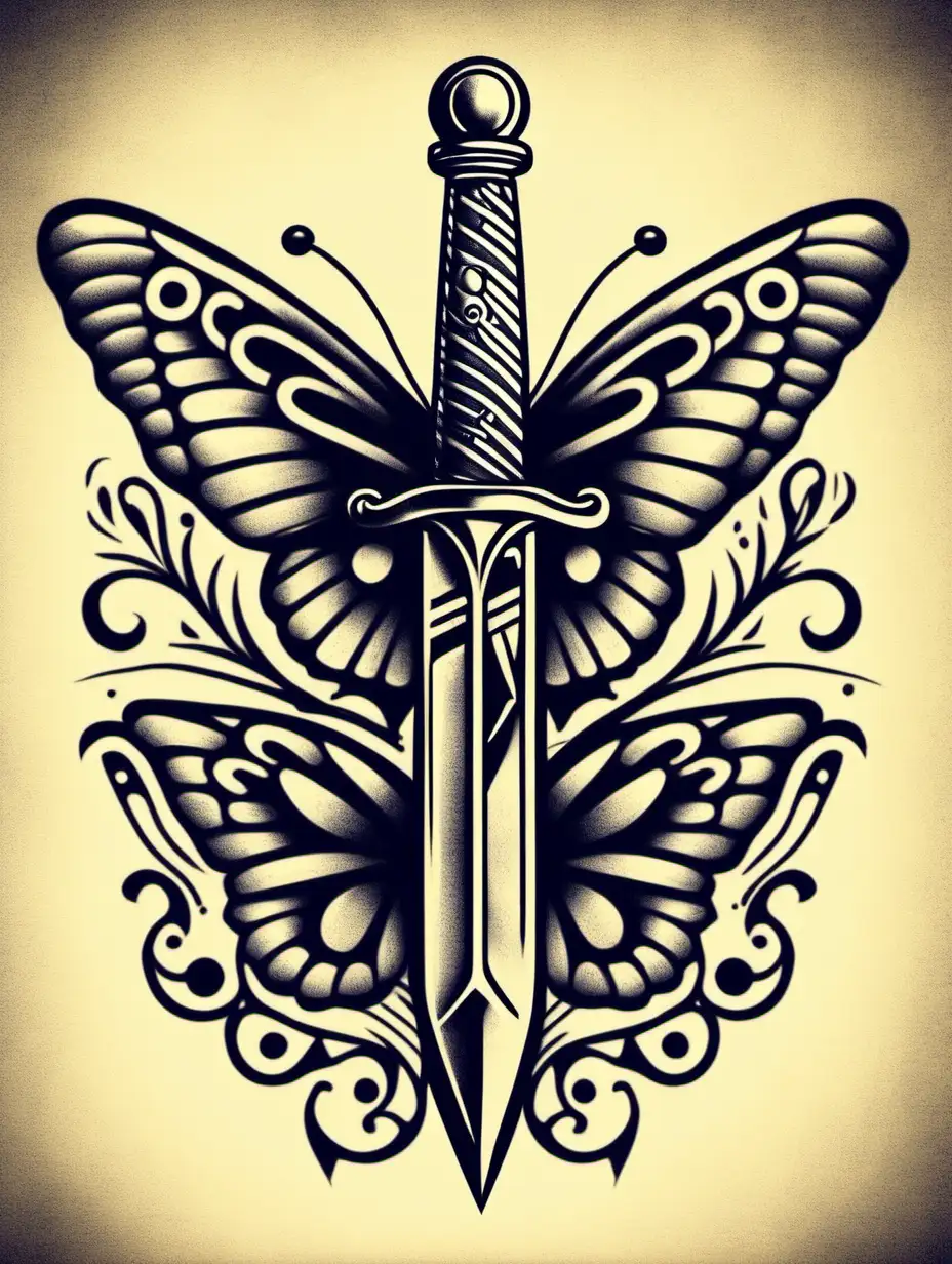 Traditional Tattoo Design Dagger and Butterfly Stencil