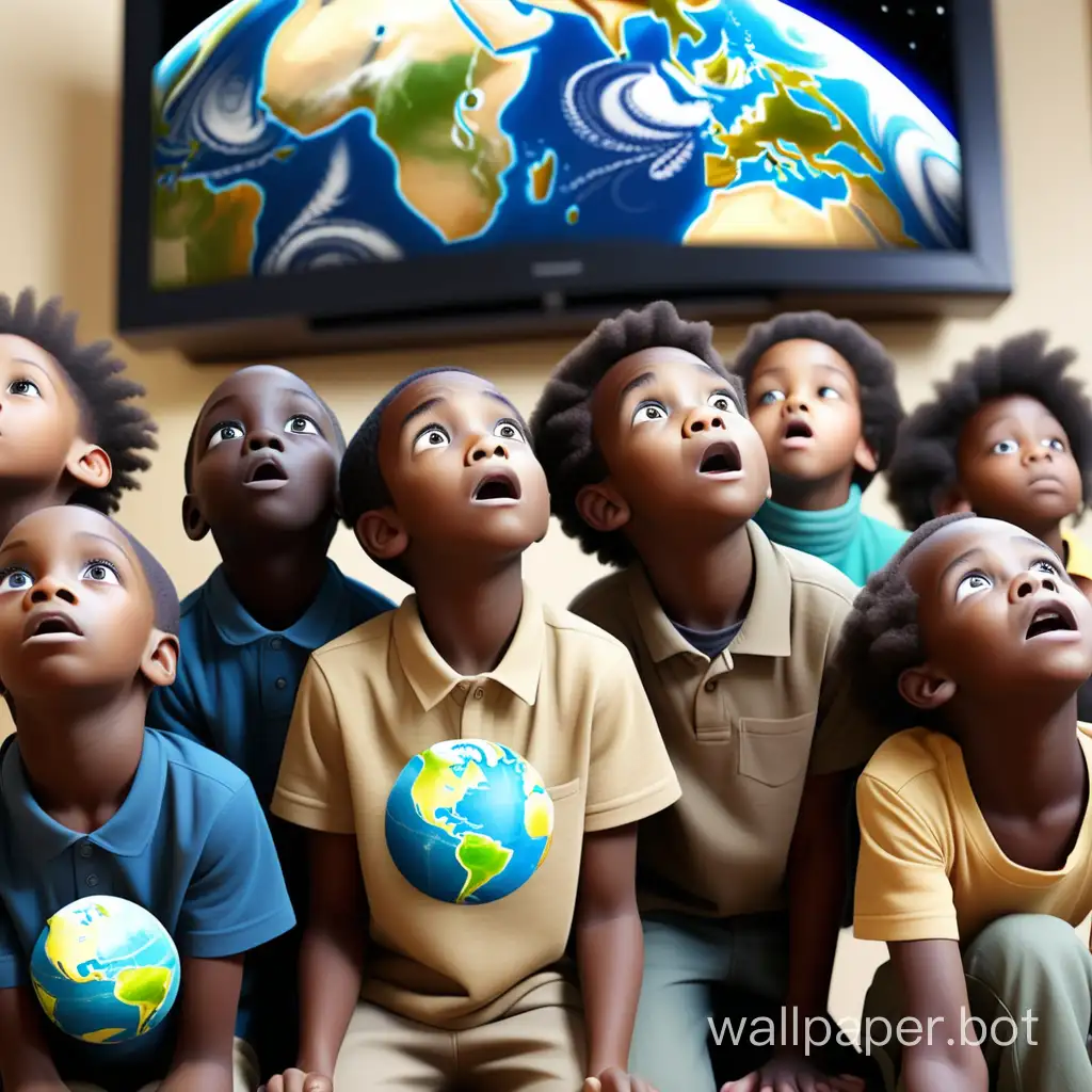 a group of black kids in children's church looking  up at at a big tv screen learning  about the earth.