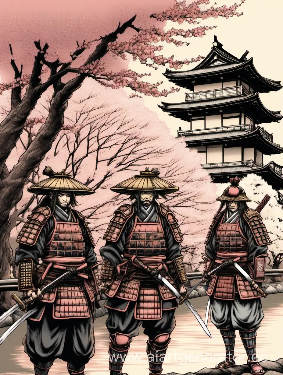 Three-Japanese-Samurai-Warriors-Standing-by-Traditional-Building-and-Sakura-Tree