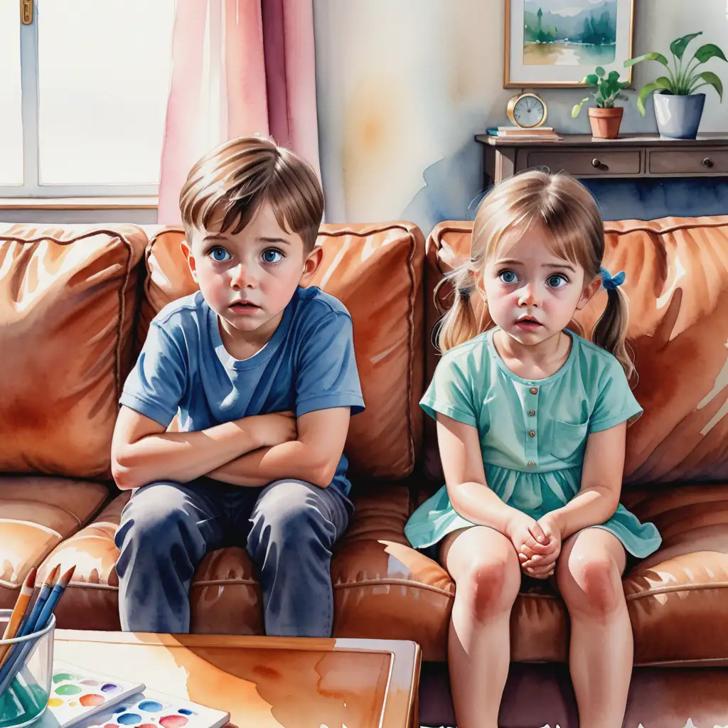 vytvoř situaci, děti se dívají na  sedí na gauči a mají v očích strach z toho co sledují, akvarel ilustrace, reálná ilustrace