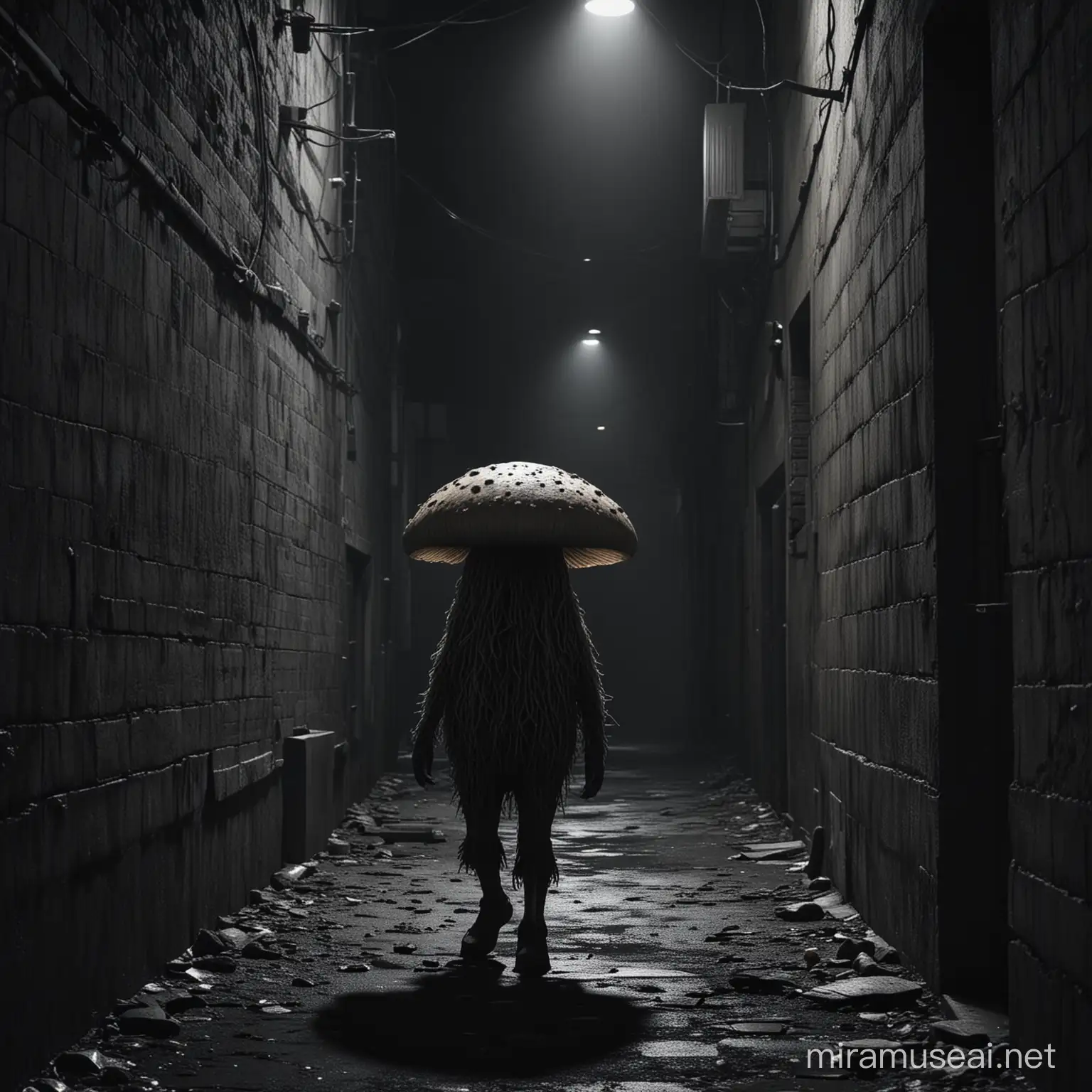 large humanoid mushroom creature in dark urban alley half cloaked in darkness
