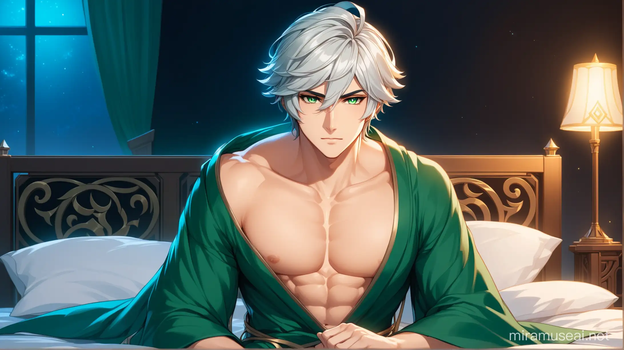 Draw the character Alhaitham (from Genshin Impact), with silver hair and green eyes, lying on a bed, indoors, at night, in a nonchalant pose, she is wearing a loose robe, with an exposed chest and abs, looking seductively at the viewer