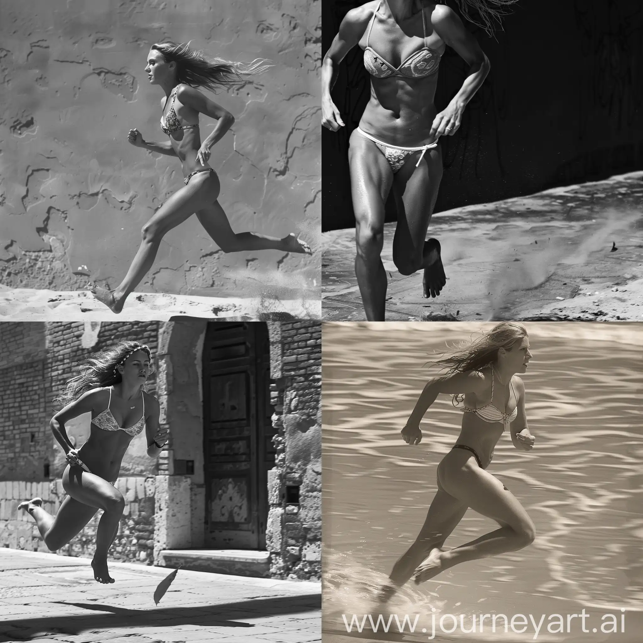 Energetic-Woman-in-Bikini-Running-on-Beach