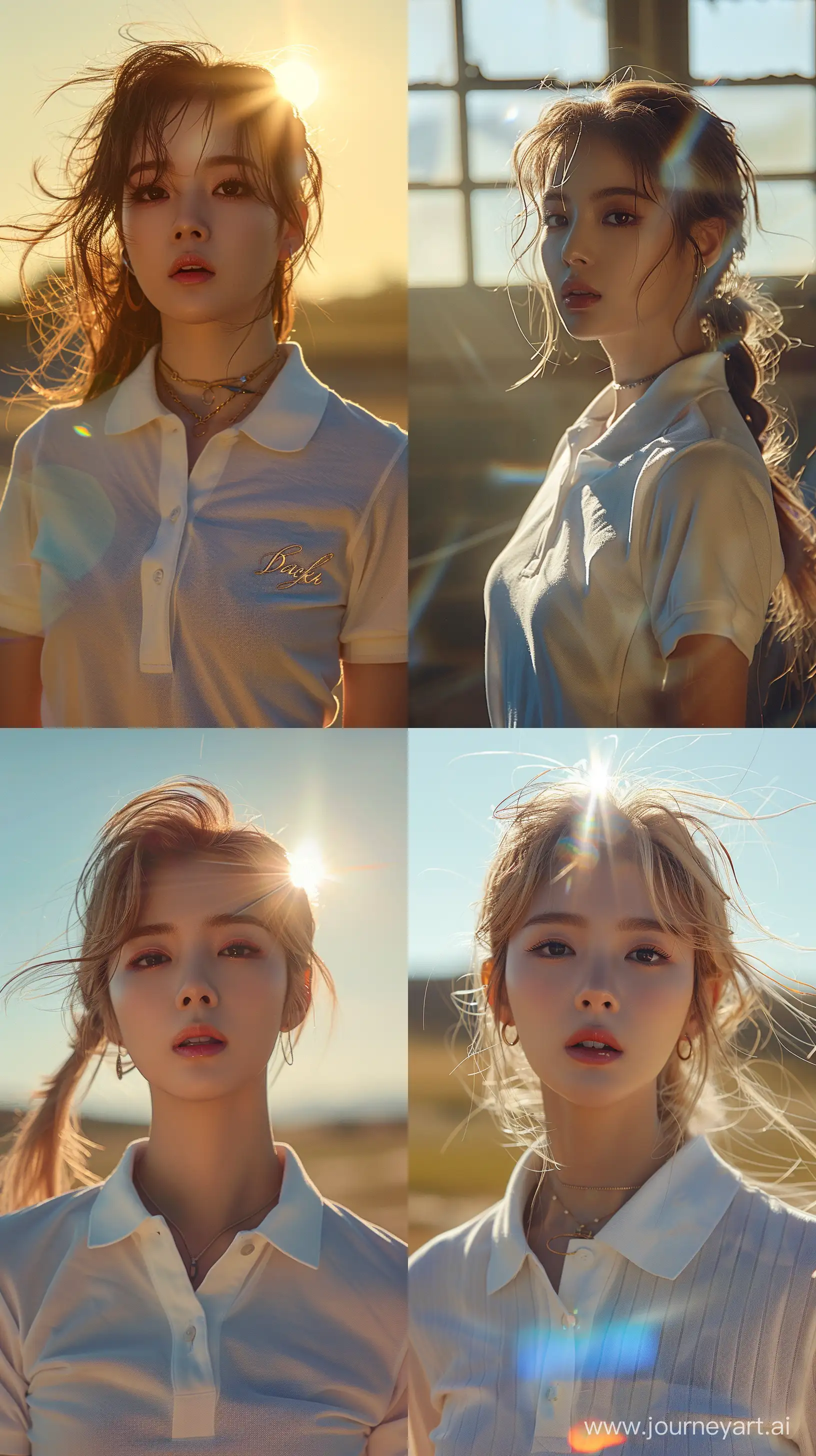 a blackpink's jennie ,wearing white polo shirt, anamorphic lens flare, bella kotak, video, close up, jagged edges, light beige and blue --ar 9:16 --stylize 550 --v 6