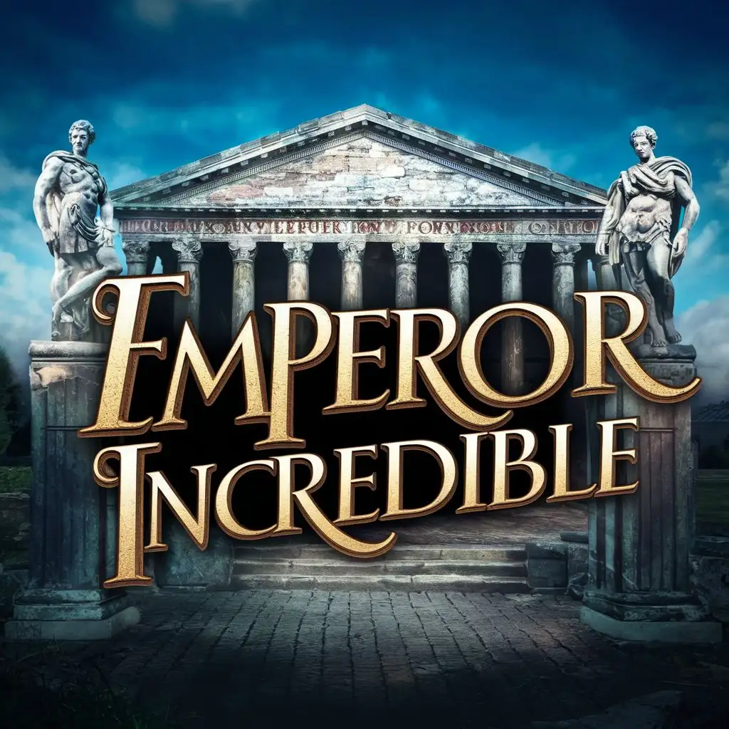 logo, Old English Style Lettering in front of a Roman Temple with 2 statues of Roman male gods on either side, with the text "Emperor Incredible", typography