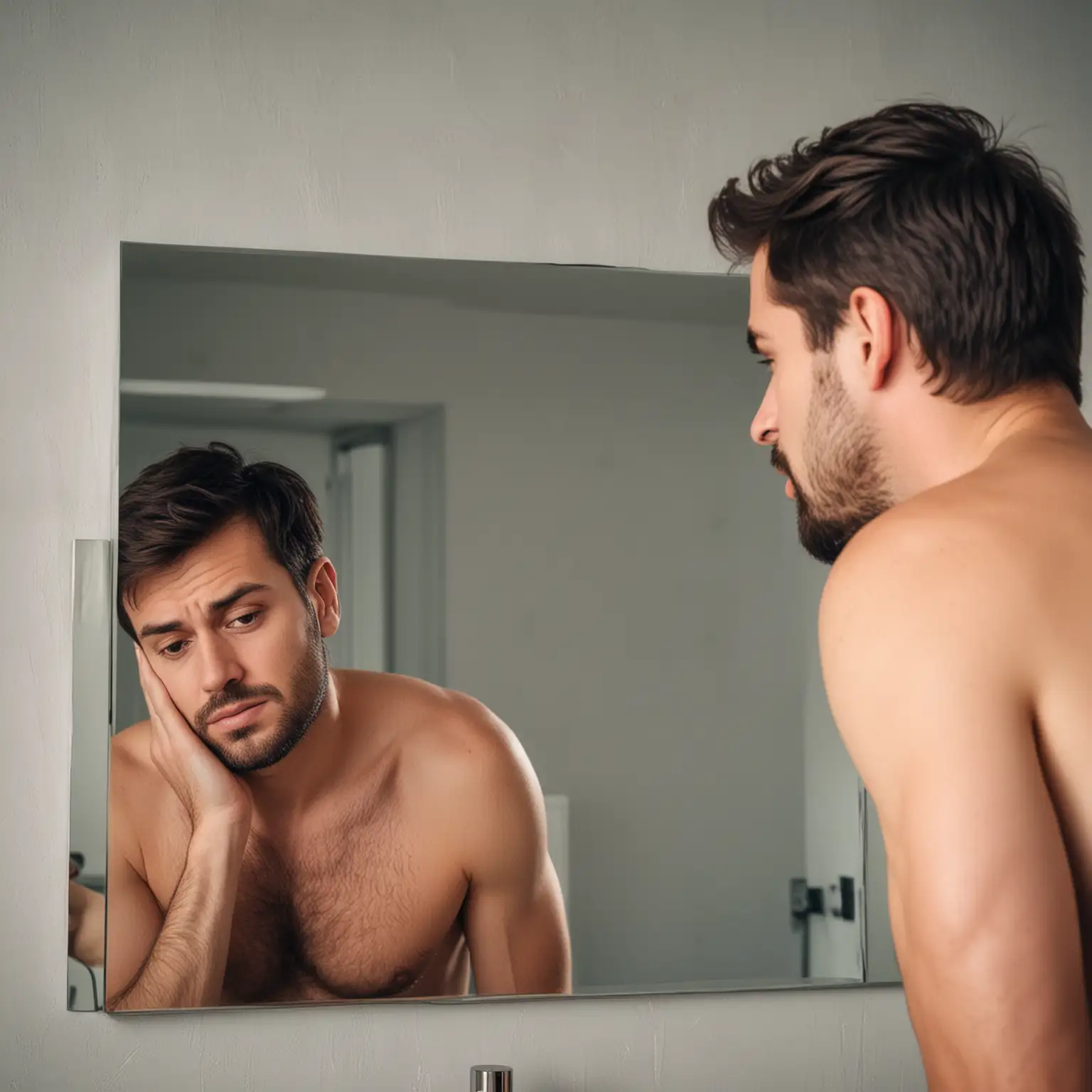 Photo of man looking in the mirror, tired, perspective from behind