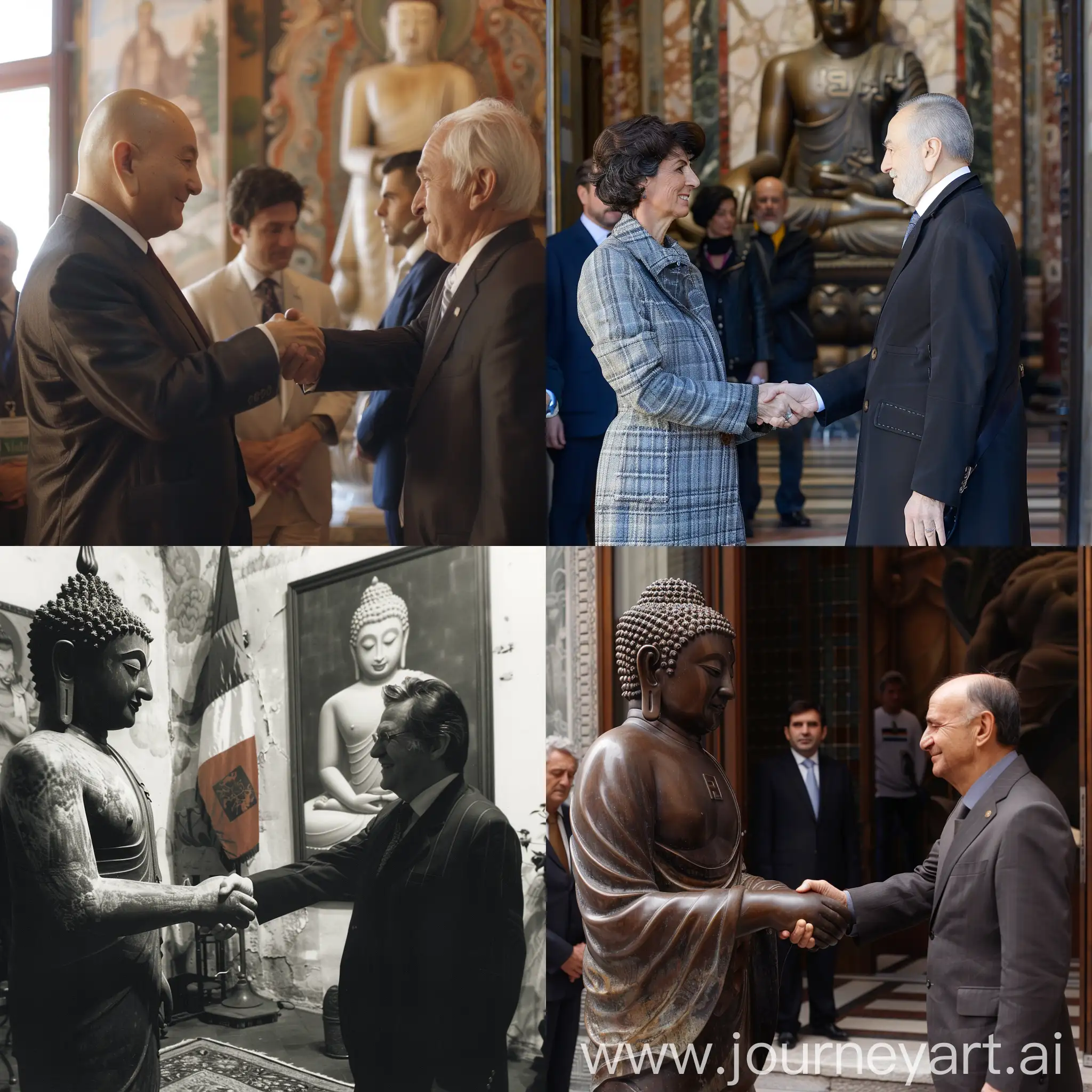 Buddha shaking hands with italian prime minister Giorgia Meloni