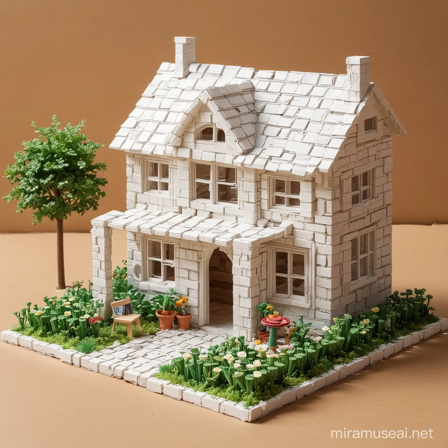 Sketch an ideation of toy design kit contains mini white bricks and Glue to make an house type structure out of that bricks, add some more elements like glue bottle, window and door cardboard frames make garden in outer area and generate image in front view 