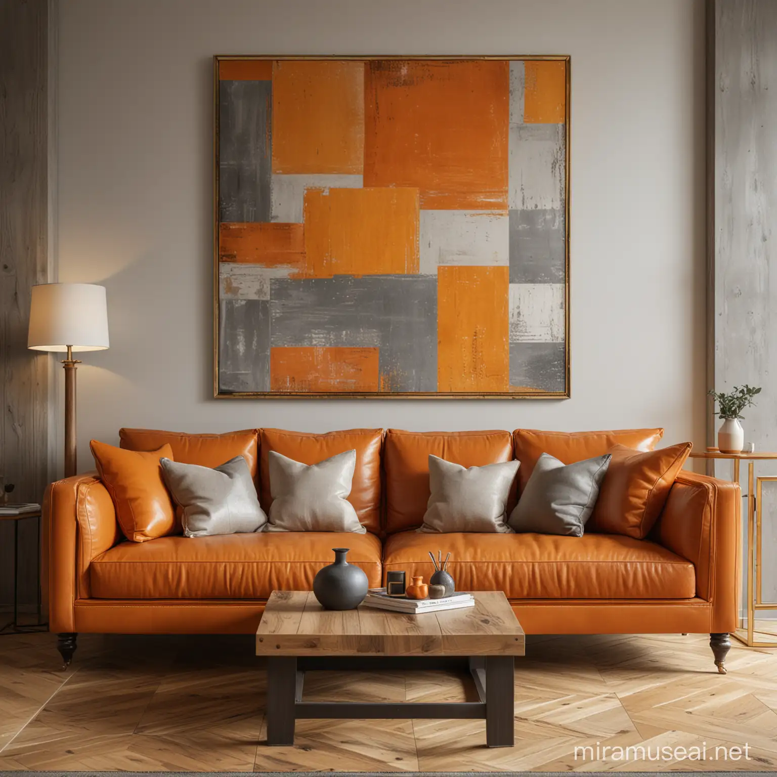 A living room with wooden floor and wooden posts in orange and gray, behind the golden leather sofa hangs a square picture, vivid, detailed, light and shadow