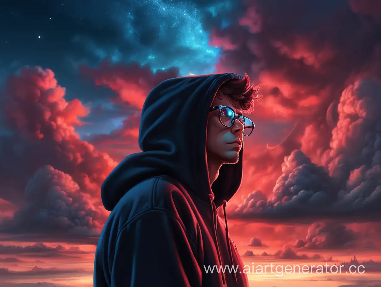 The guy is looking at the sky, there is a devil in the sky with red clouds. A guy in a dark beautiful hoodie with gloves and glasses