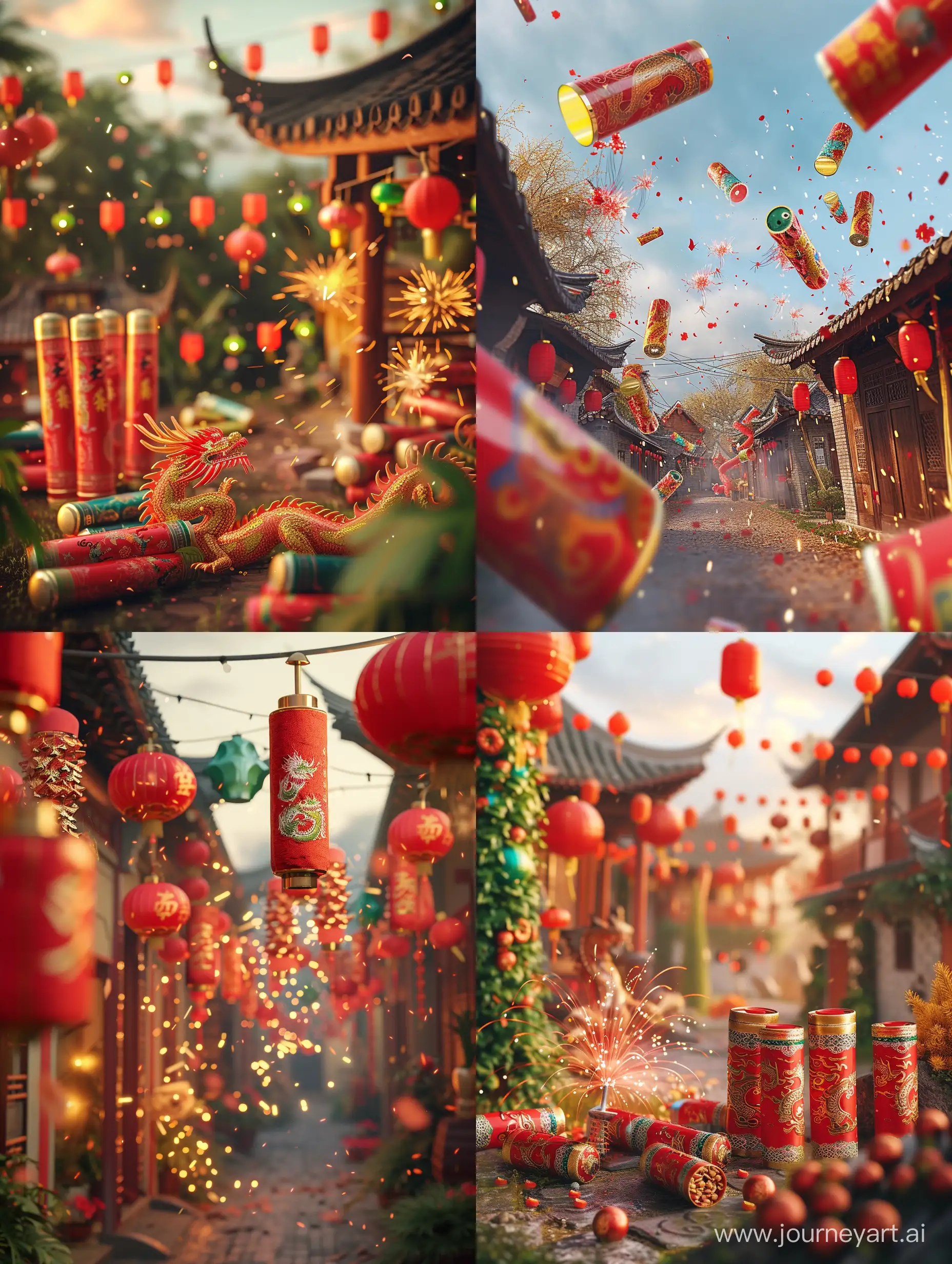 (Chinese Zodiac Dragon), (Lunar New Year celebration), (Firecrackers), (Red lanterns), (Joyful atmosphere), (Traditional Asian village), (Nelson Wu), (Red), (Gold), (Green), (High precision), (Medium shot).