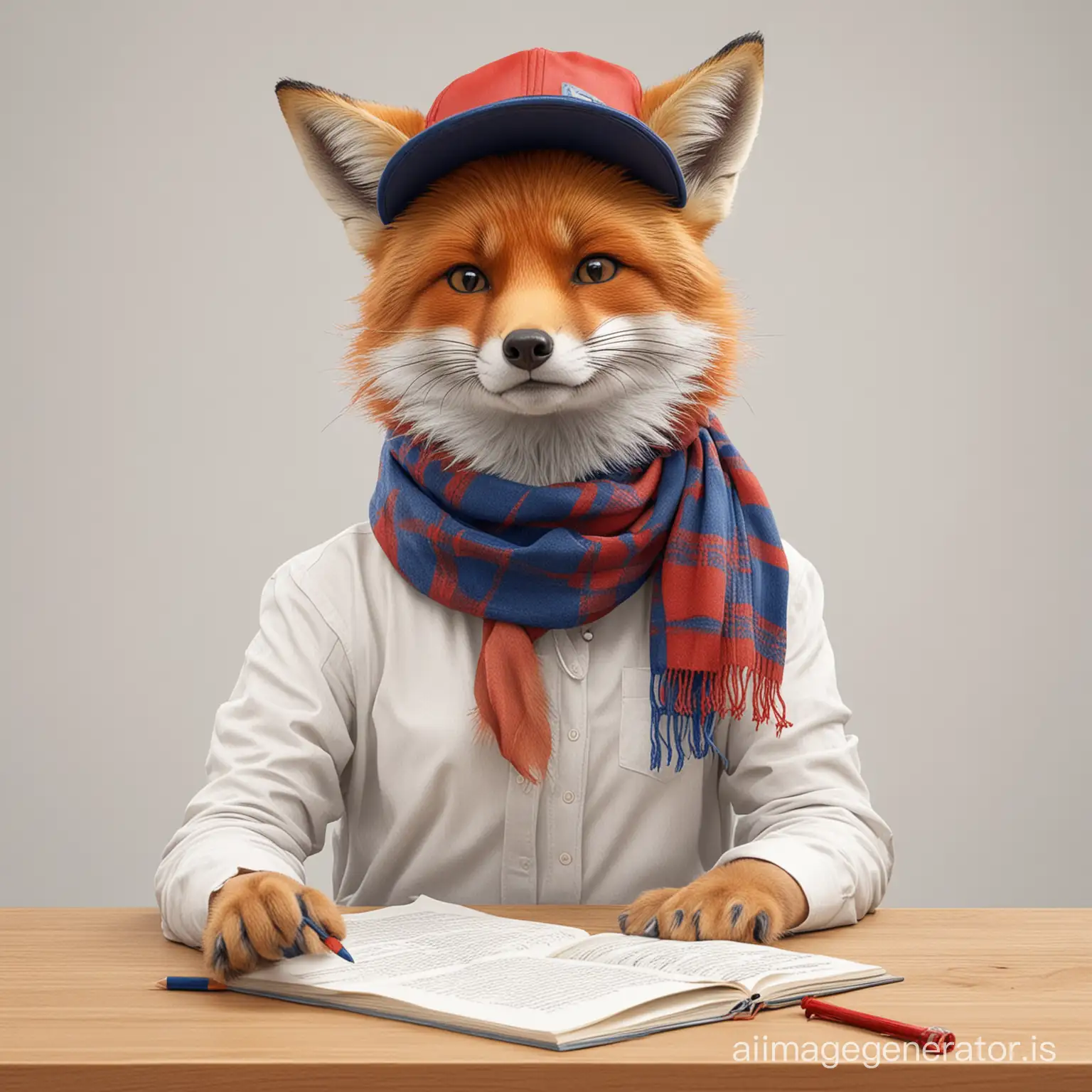A cartoon image on a white background, a young female teenage fox dressed in street style, (a red and blue scarf is casually tied around her neck):1.5, sitting at a table and drawing in a notebook with colored pencils, a baseball cap on the fox's head, orange curly curls are visible from under the baseball cap, the fox looks bold and defiant, the fox winks at the viewer, street style, white background