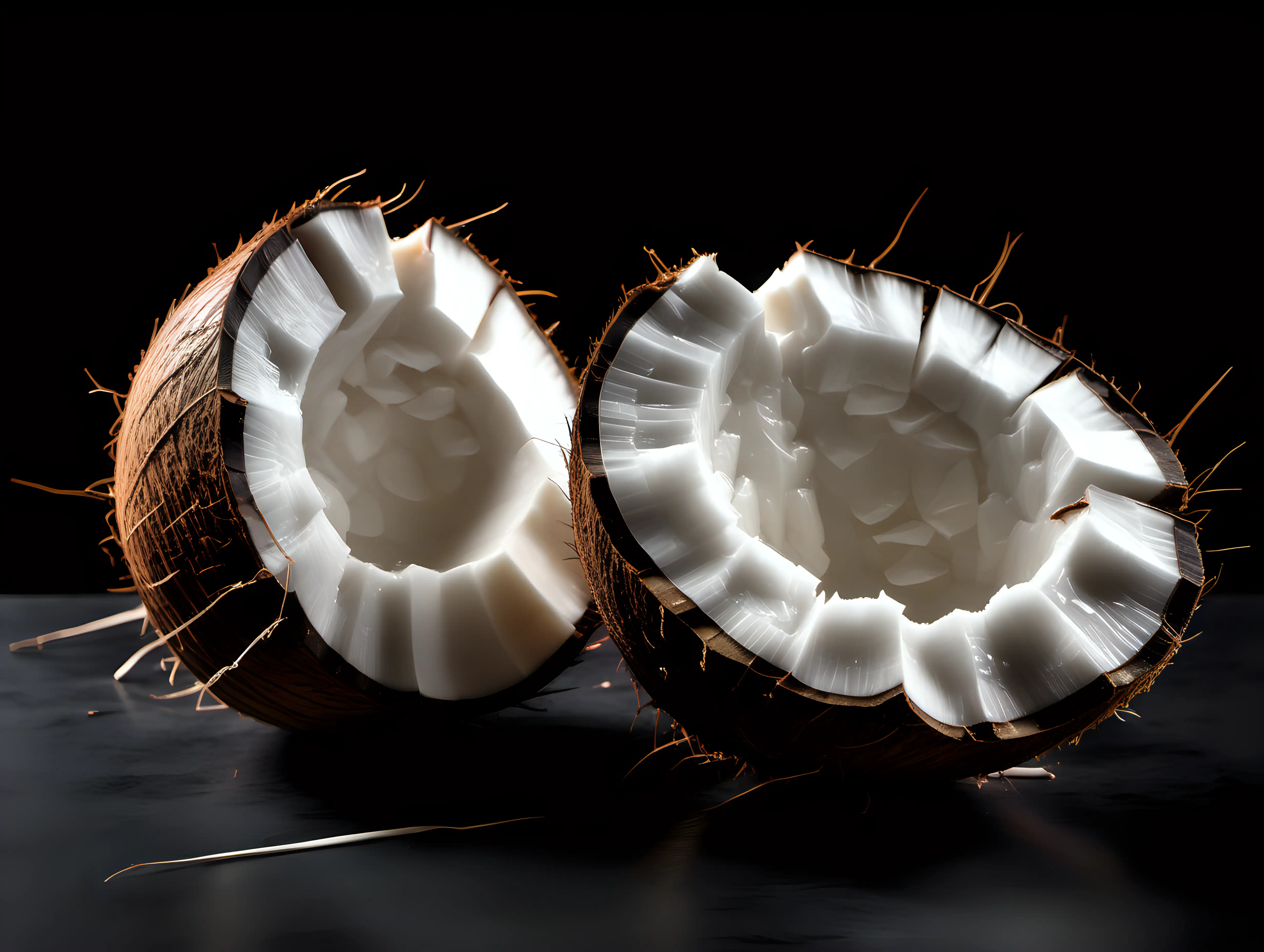 Fresh Whole and Halved Coconuts on Stylish Black Background