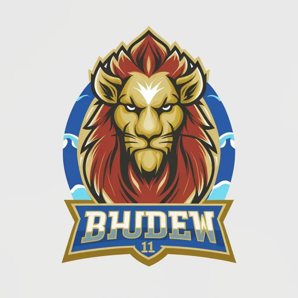 logo, Lion, cricket, with the text "BHUDEV 11", typography