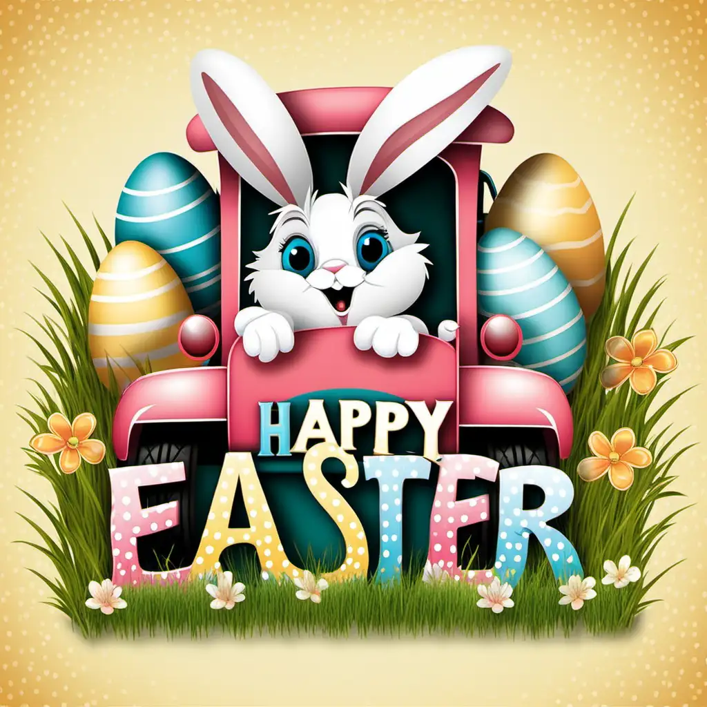 HAPY EASTER, ARCHED LETTERS, EASTER BUNNY, TRUCK, SOLID BACKGROUND
