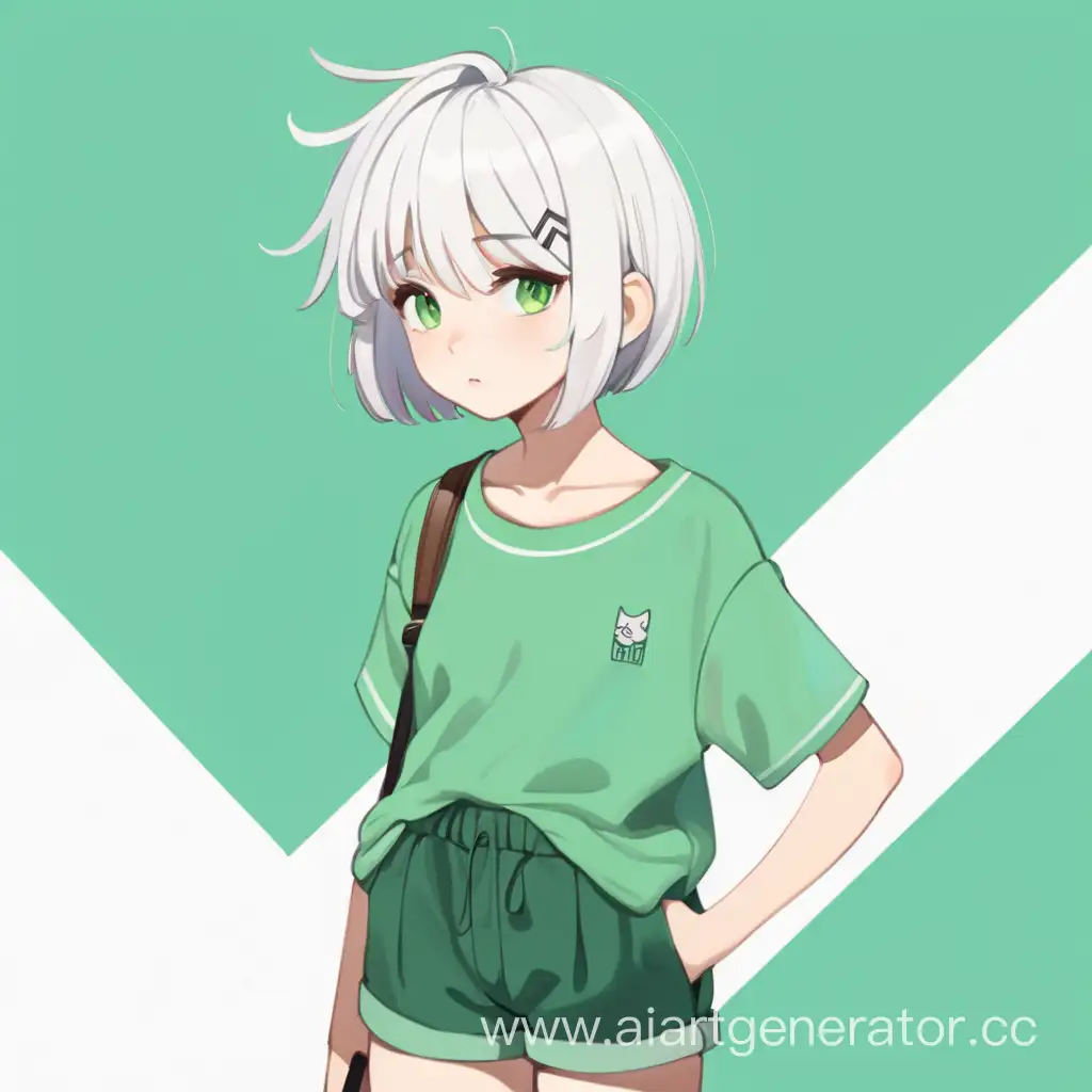 /gen, Girl, short white hair, shorts, green color predominates in clothes, weak, short, young, cute hairpin