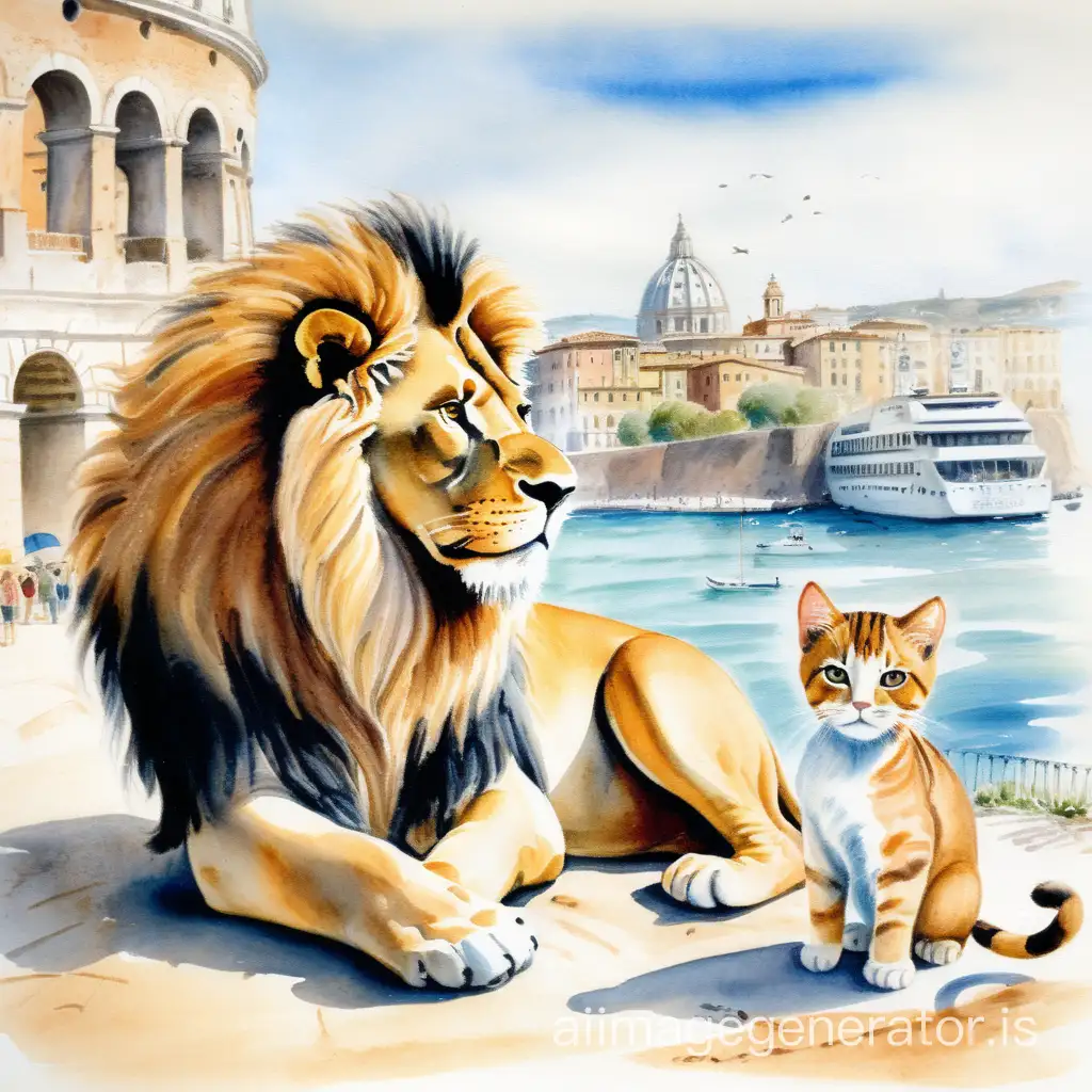 Watercolor drawing: A lion and a cat play happily in Rome on the seashore.