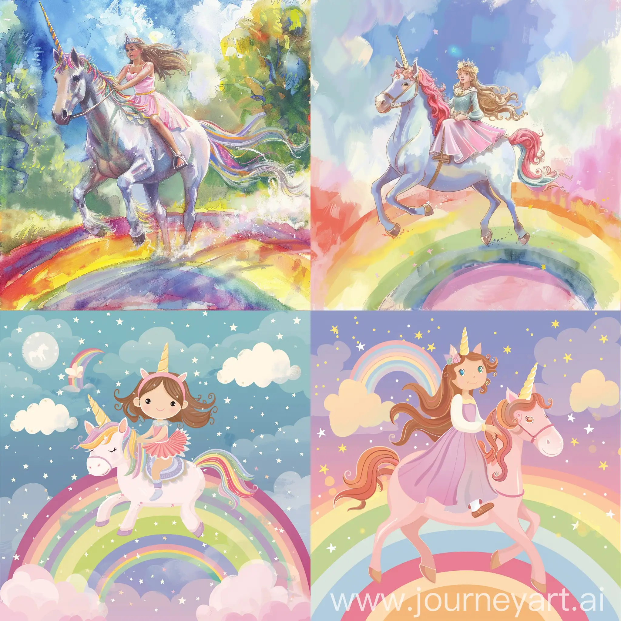 Princess riding unicorn over rainbow
