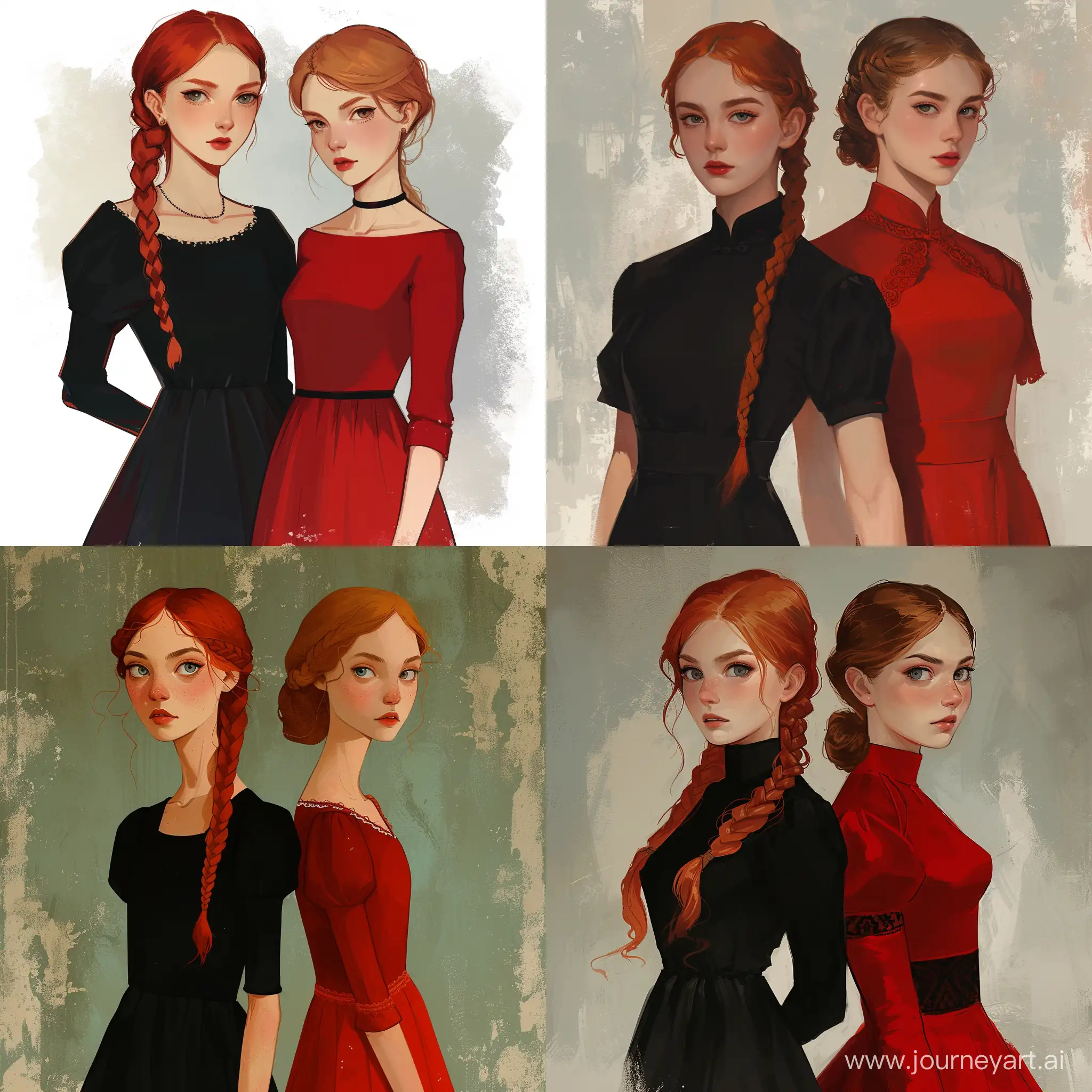 Soviet-Style-Redhead-and-Brunette-Girls-in-Black-and-Red-Dresses