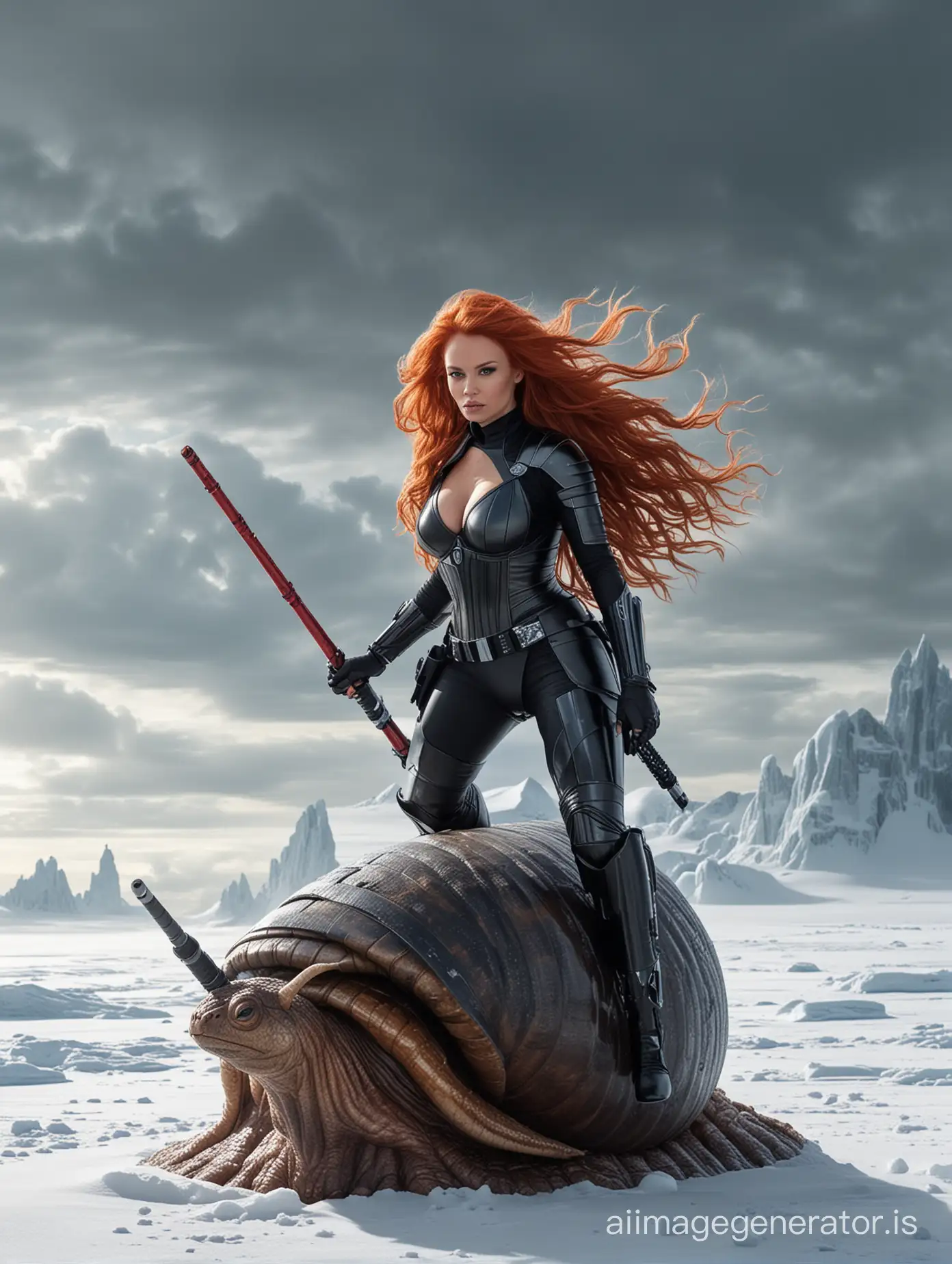 Young Pamela Anderson. full body woman riding on top of a giant snail. very long red hair. Darth Vader  armor and light saber. Star Wars troops fighting on the ground. ship battle in the sky. frozen arctic background