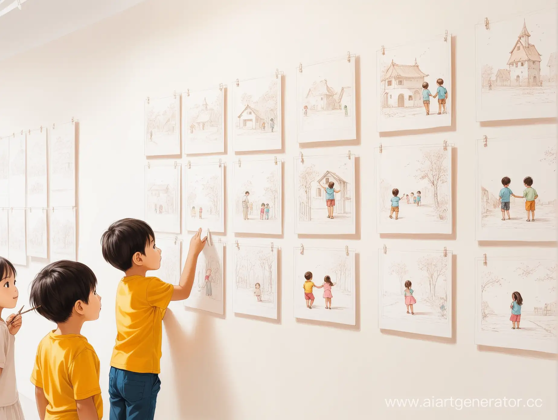 Мальчик и девочка смотрят на рисунки других детей. Рисунки висят на стене. белый фон.
