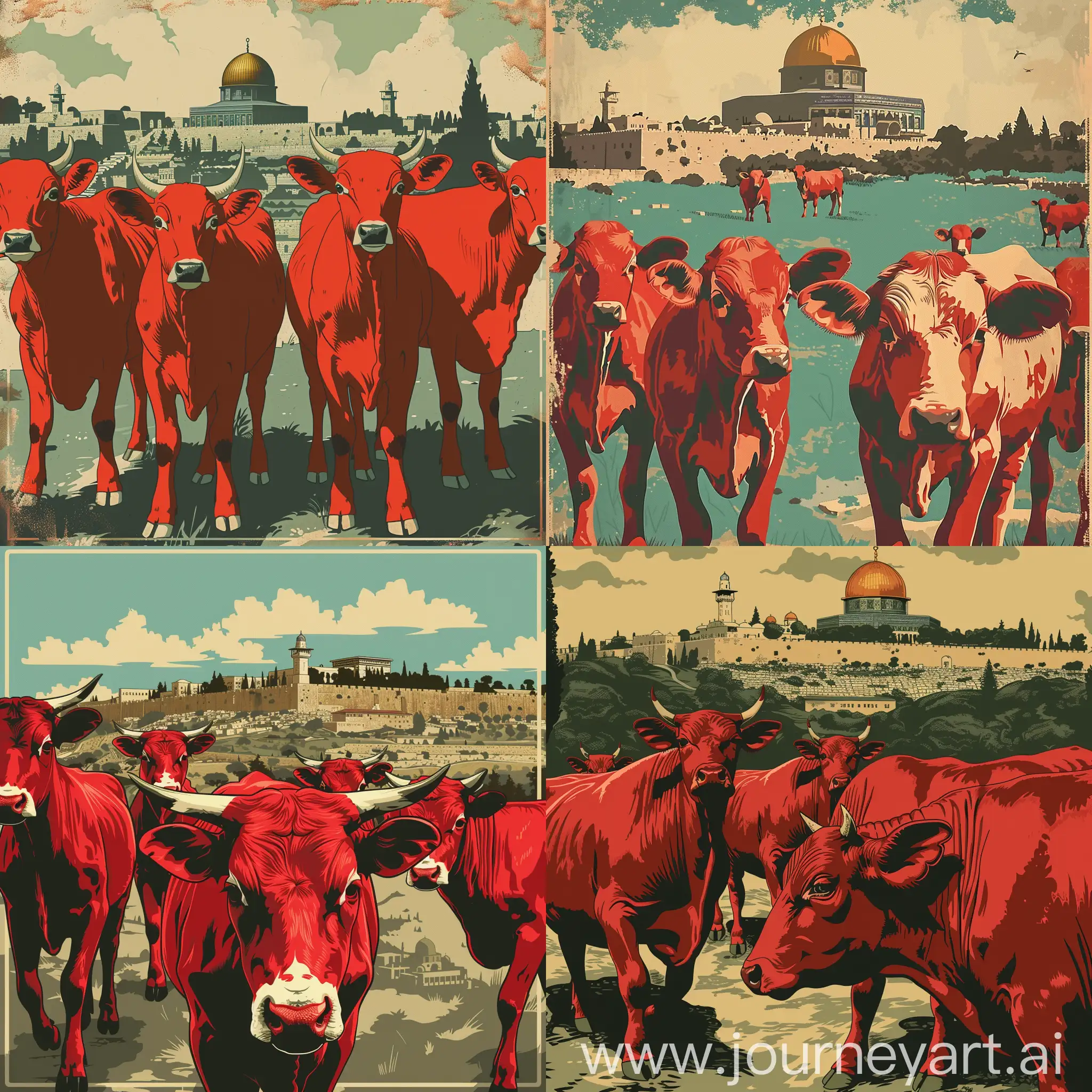 an illustration of a retro poster featuring five completely red heifers with no white blemishes, no horns with the Mount Temple in East Jerusalem in the background.