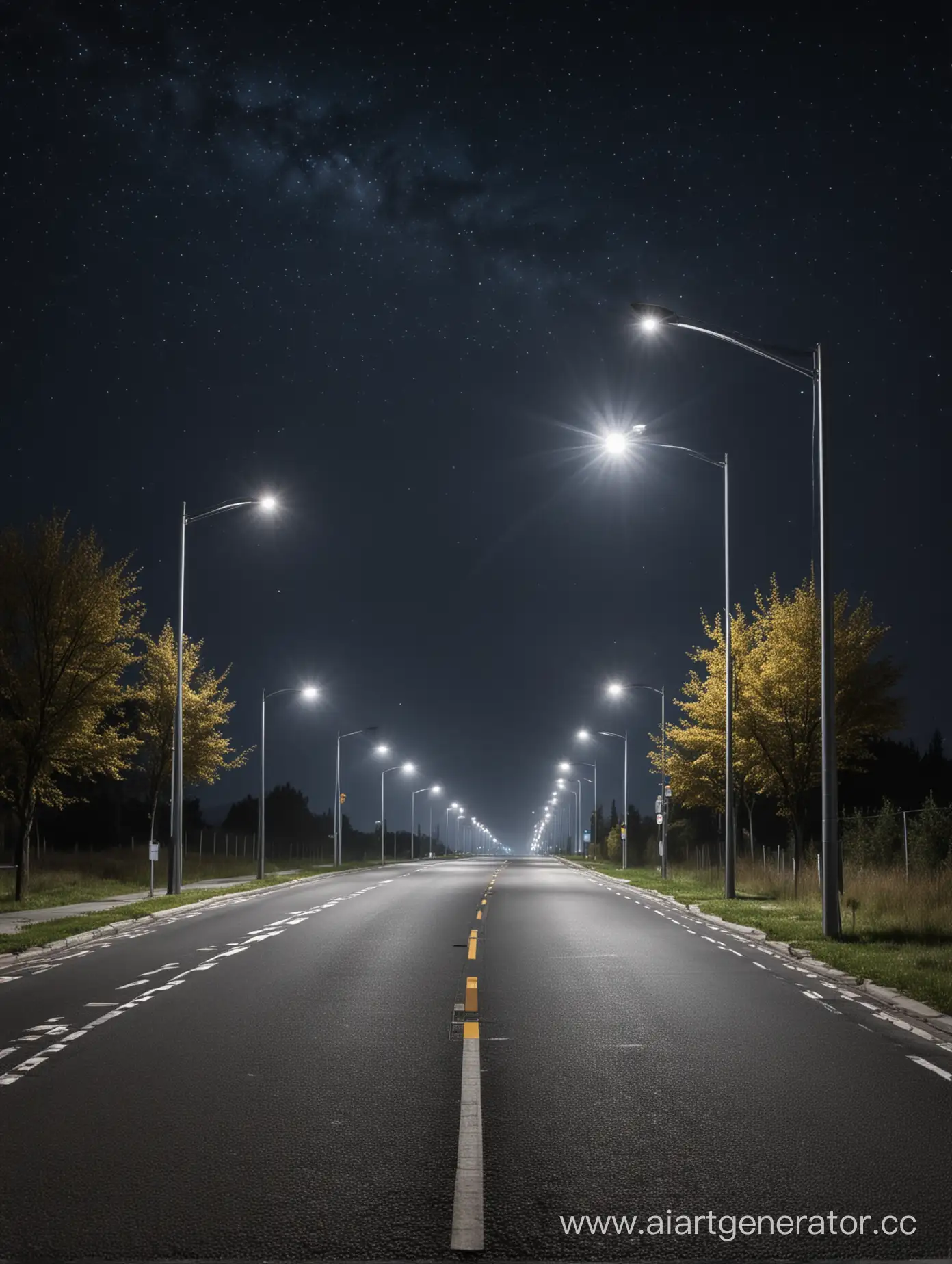 a road illuminated by modern LED street lights against the background of the night sky