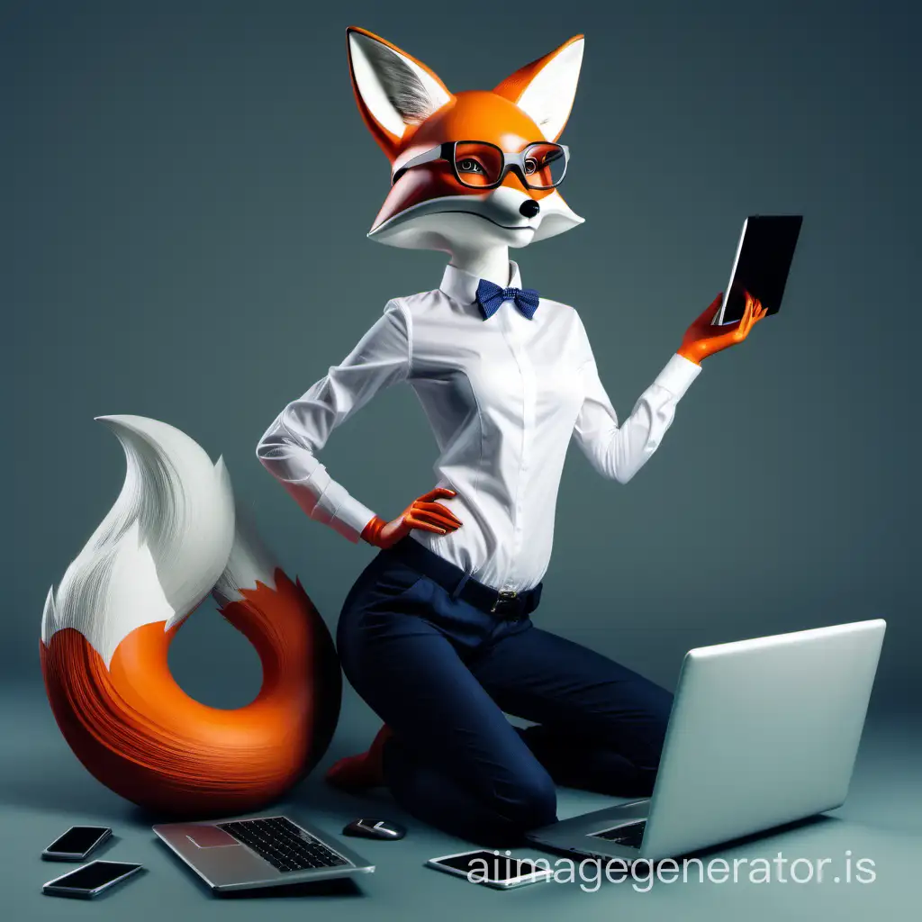 Fox (beauty, slender with graceful, refined forms) - engineer: With a laptop and in protective glasses, surrounded by modern gadgets. The pose indicates solving a complex problem.