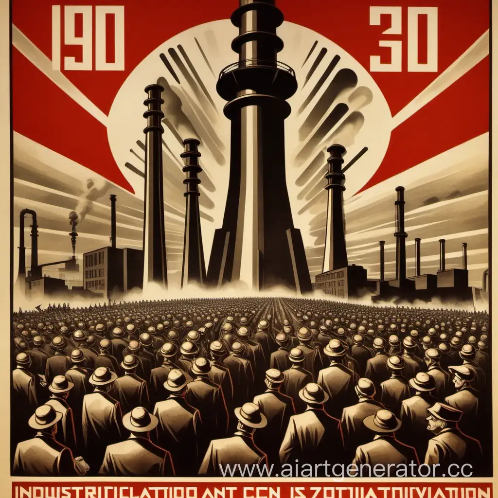 агитационный плакат на тему индустриализация и коллективизация в стиле 30 х годов в СССР
