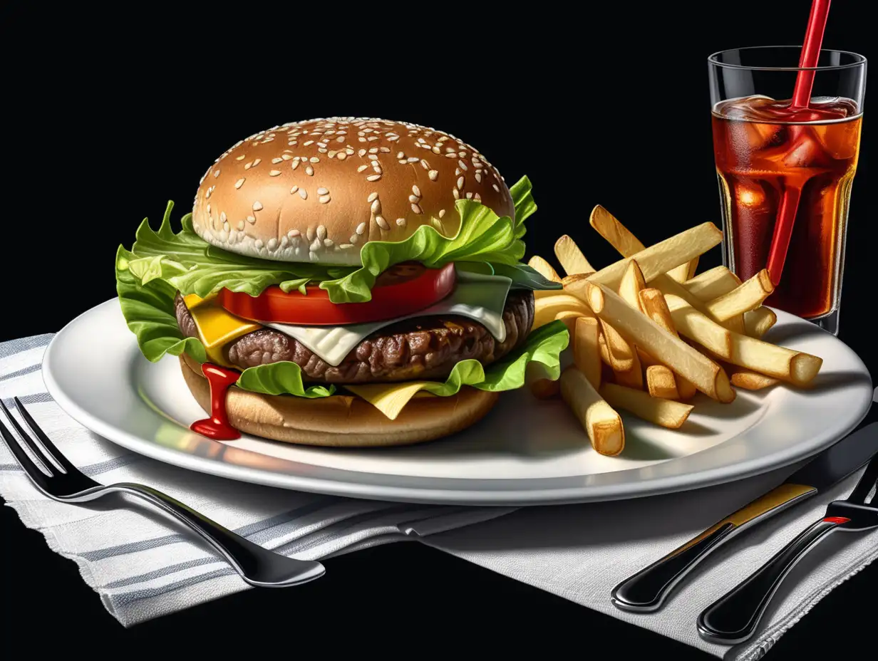 Delicious Hamburger Meal with Fries and Drink HighQuality Digital Art