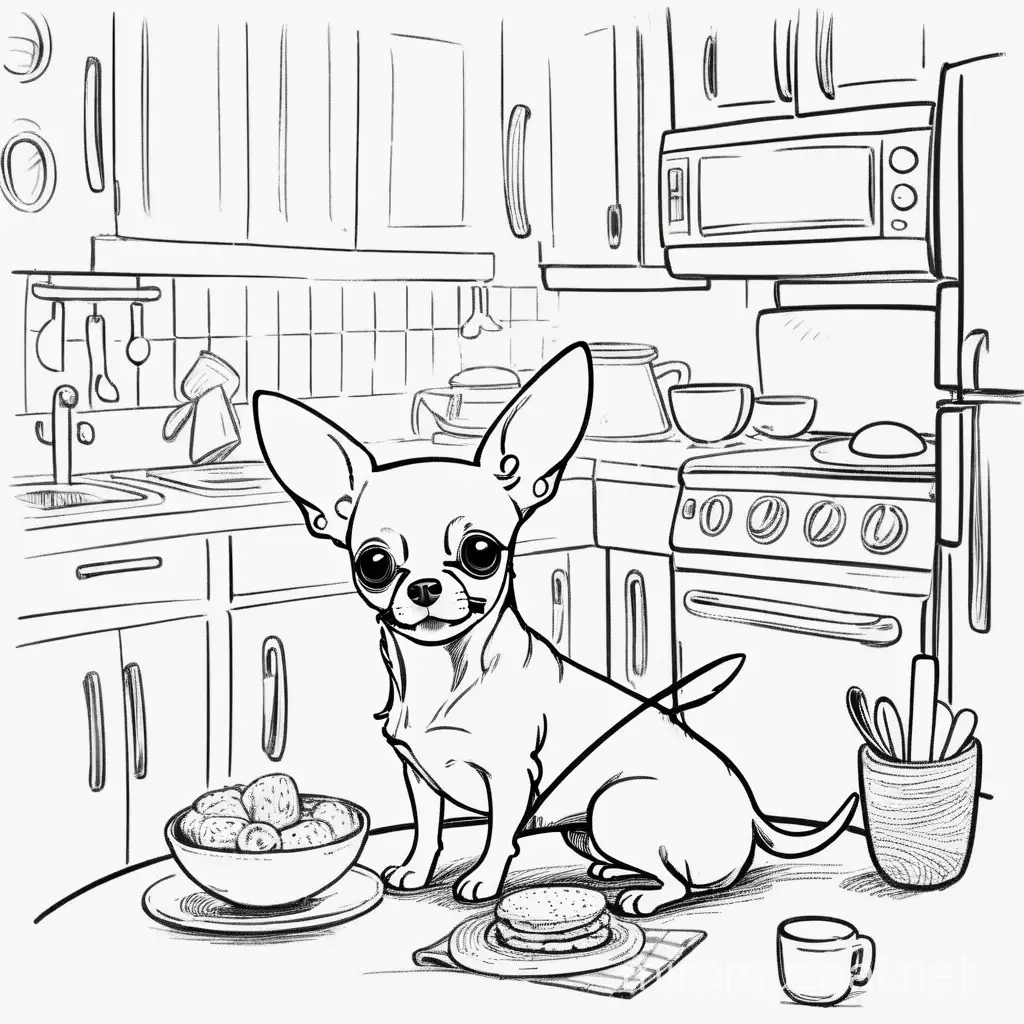 Little chihuahua's play while having breakfast in the kitchen, Sketch outline 