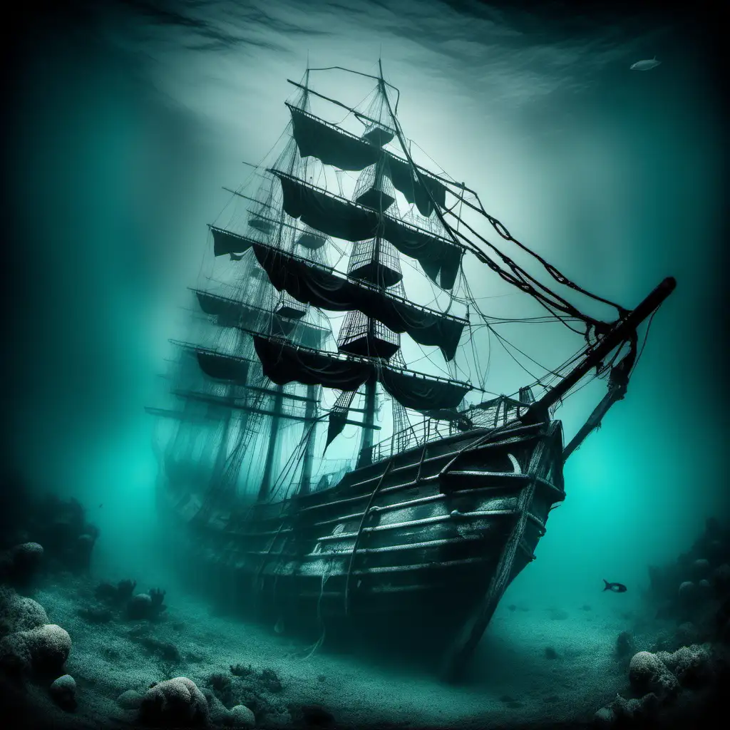 spooky old sailing ship at the bottom of the sea