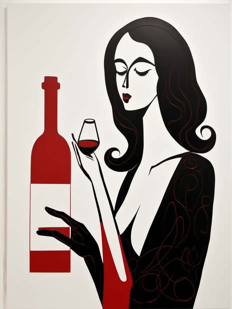 Contemporary Art Woman Contemplating Wine Bottle with Minimalist Design