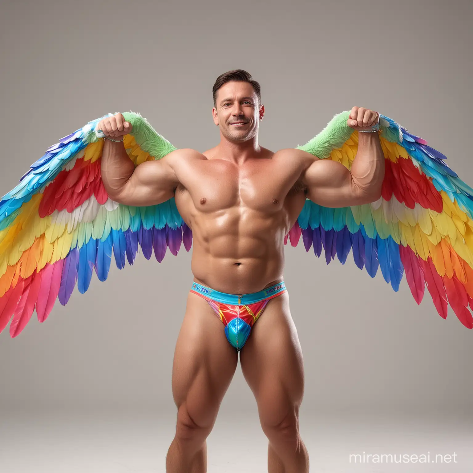 Studio Light Topless 30s Ultra Chunky Bodybuilder Daddy Wearing Multi-Highlighter Bright Rainbow Colored See Through huge Eagle Wings Shoulder Jacket short shorts and Flexing his Big Strong Arm Up with Doraemon