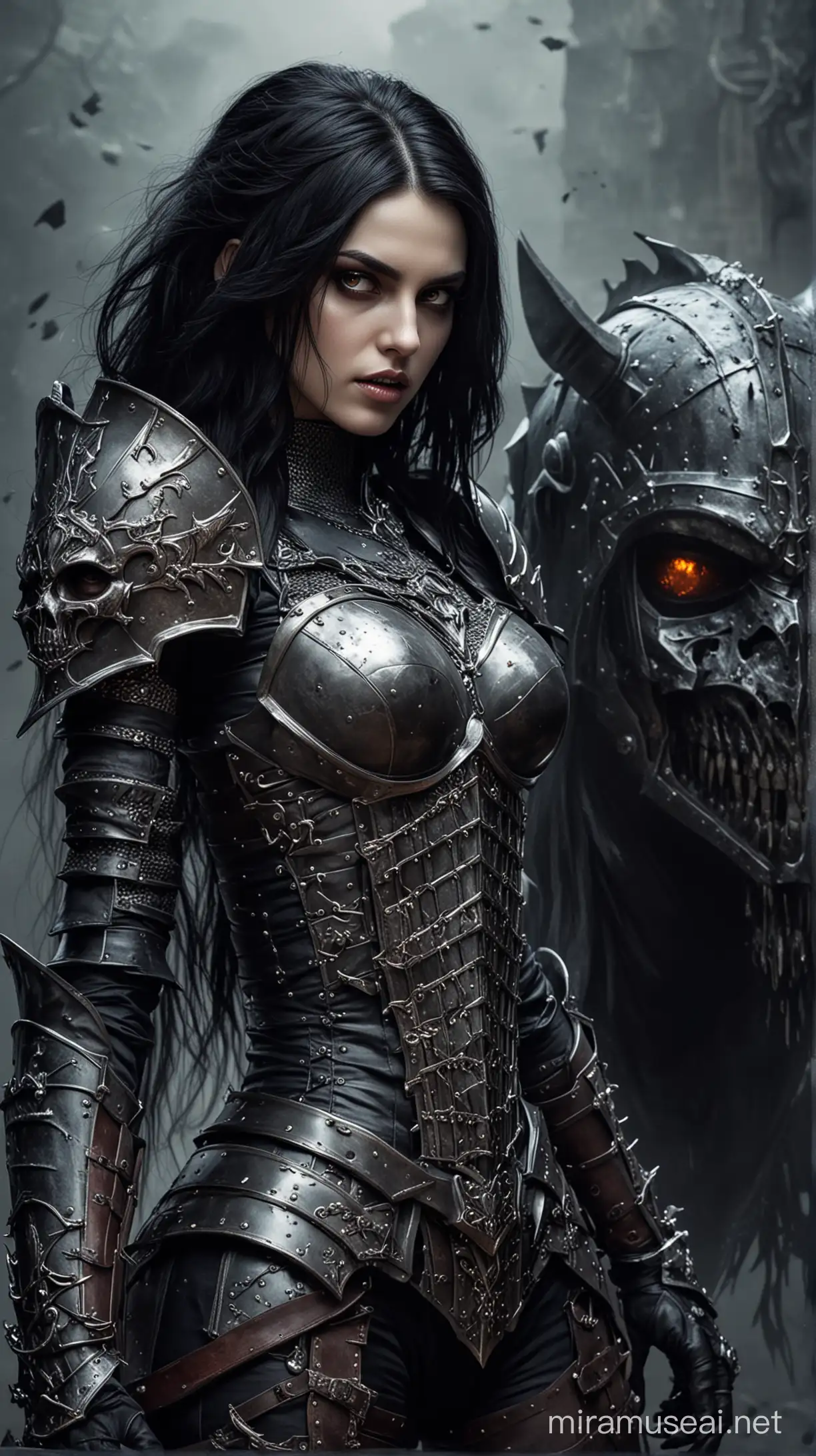 A vampire girl with black hair and a large undead knight in full armor and helmet