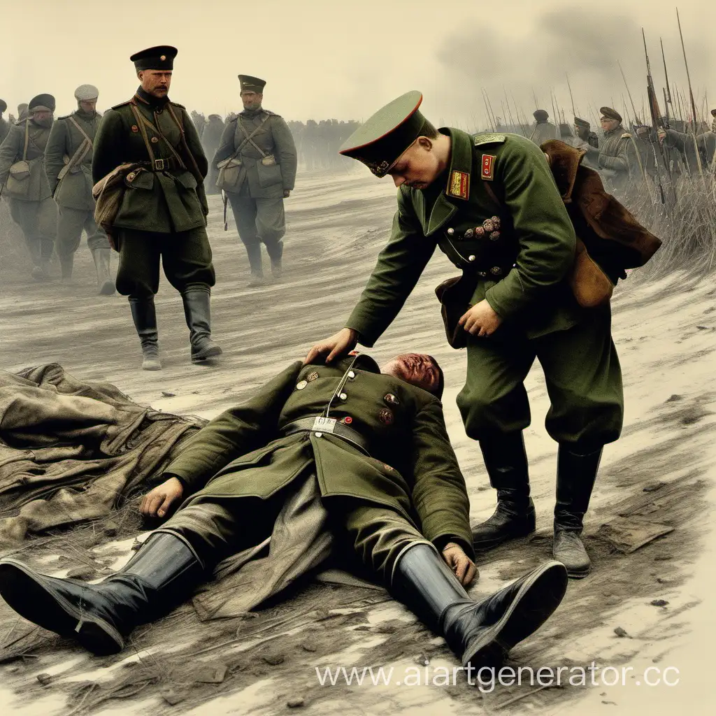 Русский солдат оплакивает павшего товарища лежащего перед ним, рисунок
Пал в бою