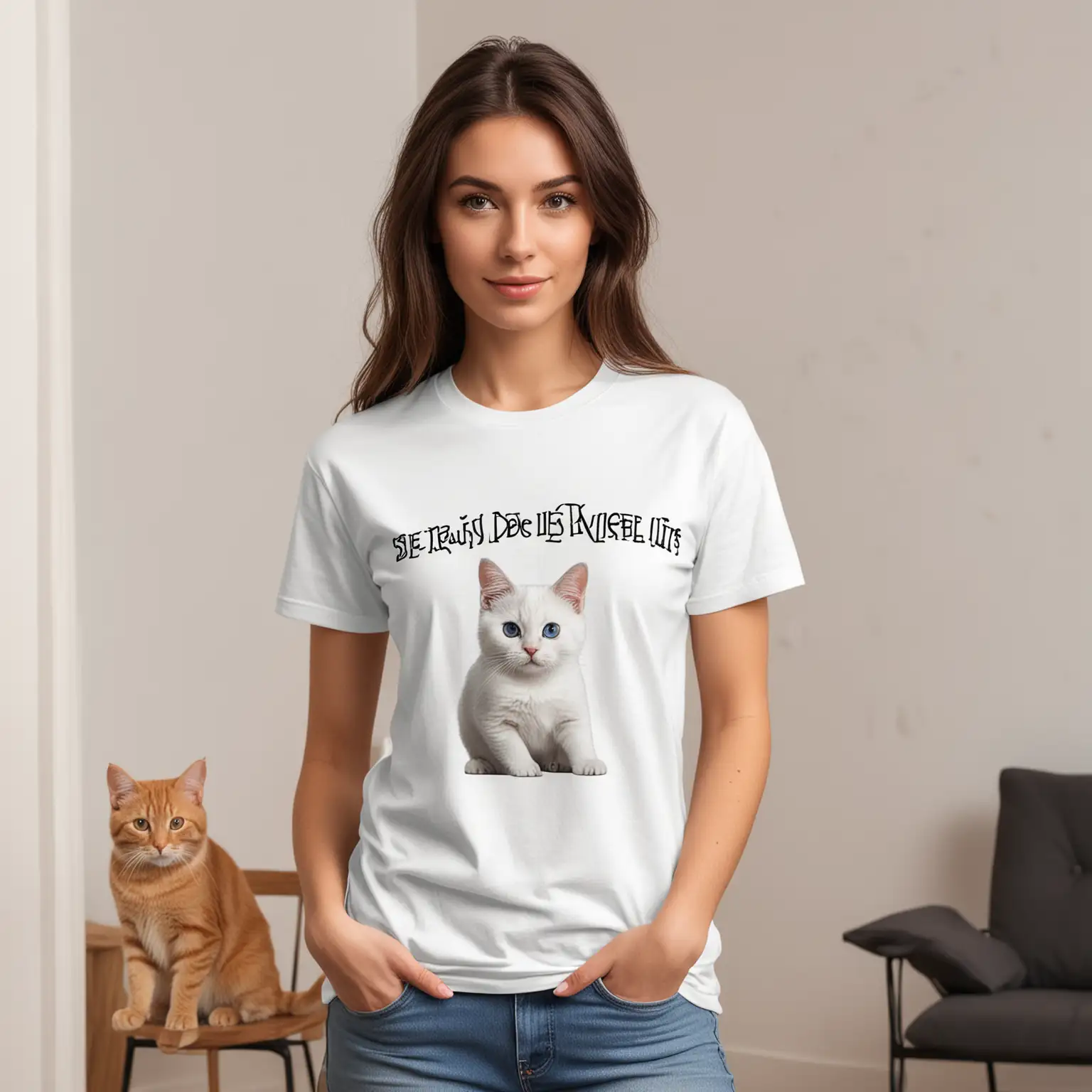 a mockup for a white tee.  the model should be female.  the model should be holding a cat. the background of the photo should be an apartment with more cats in it